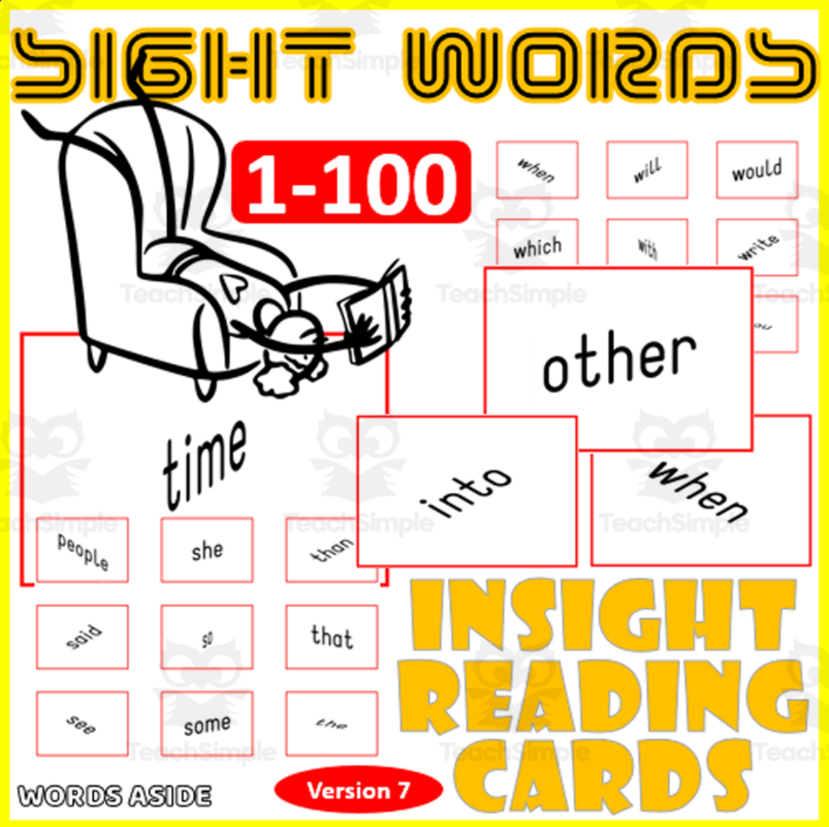 An educational teaching resource from WORDS ASIDE entitled Sight Words Flash Cards 1-100 version 7 VISUAL FORM CONSTANCY downloadable at Teach Simple.