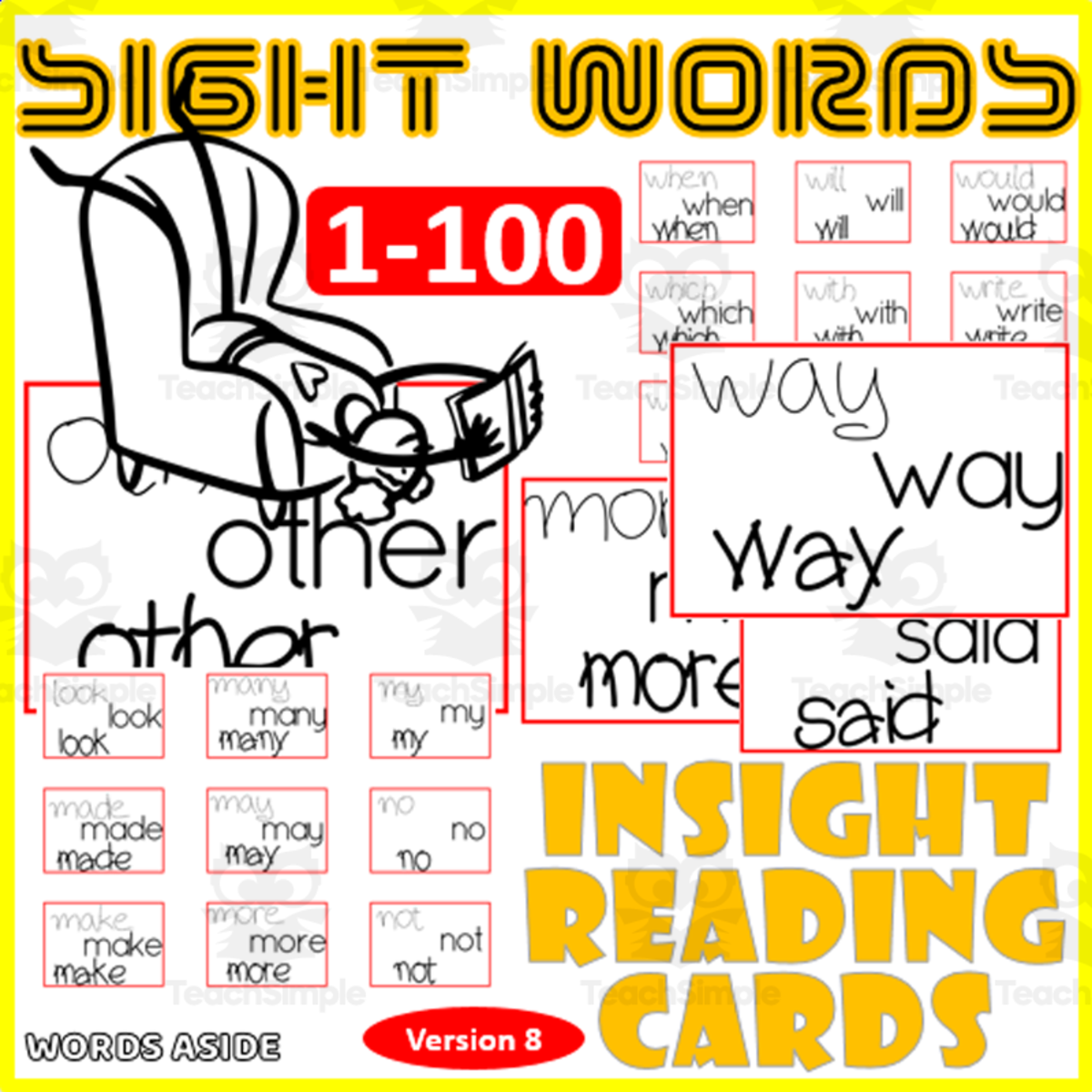 An educational teaching resource from WORDS ASIDE entitled Sight Words Flash Cards 1-100 version 8 VISUAL FORM CONSTANCY downloadable at Teach Simple.