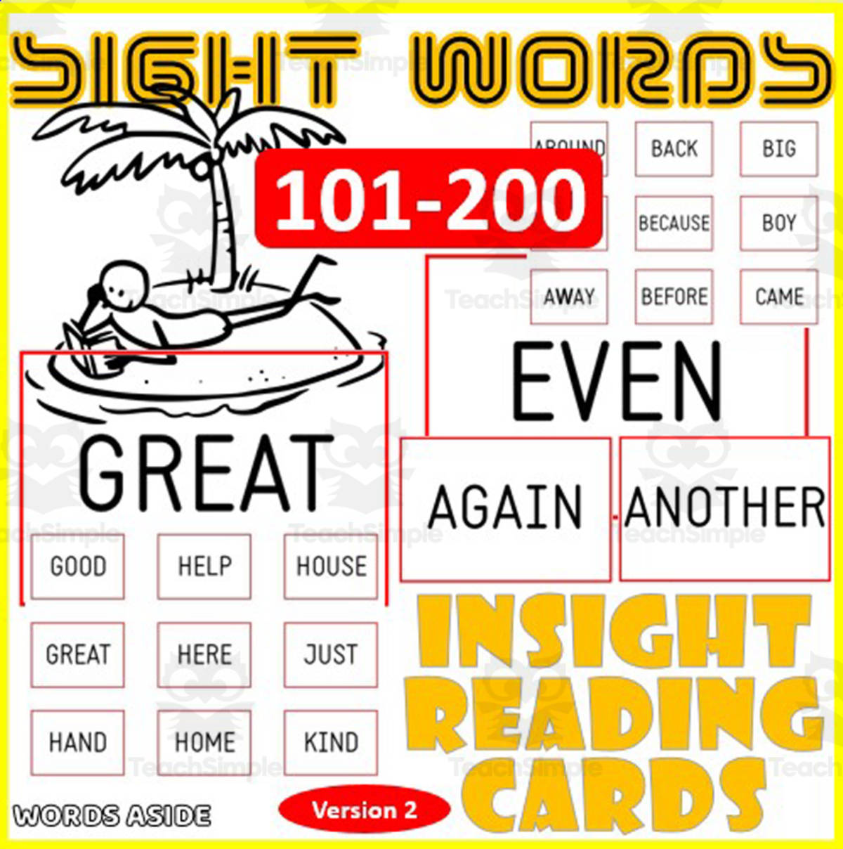 An educational teaching resource from WORDS ASIDE entitled Sight Words Flash Cards 101-200 version 2 CAPITAL LETTERS downloadable at Teach Simple.
