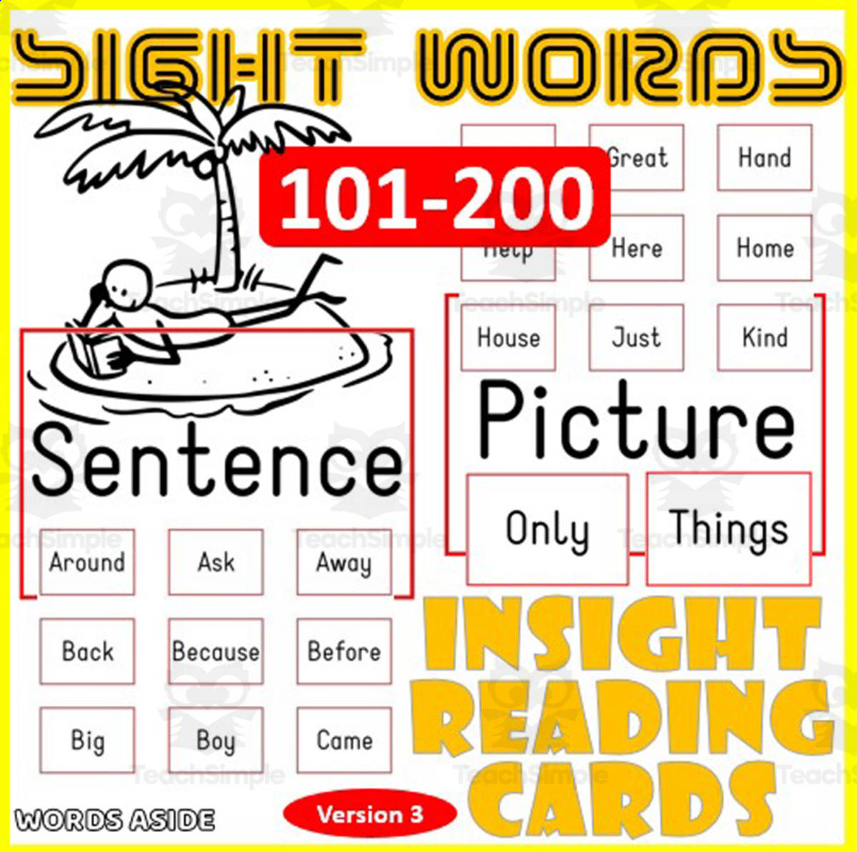 An educational teaching resource from WORDS ASIDE entitled Sight Words Flash Cards 101-200 version 3 INITIAL CAPITAL LETTERS downloadable at Teach Simple.