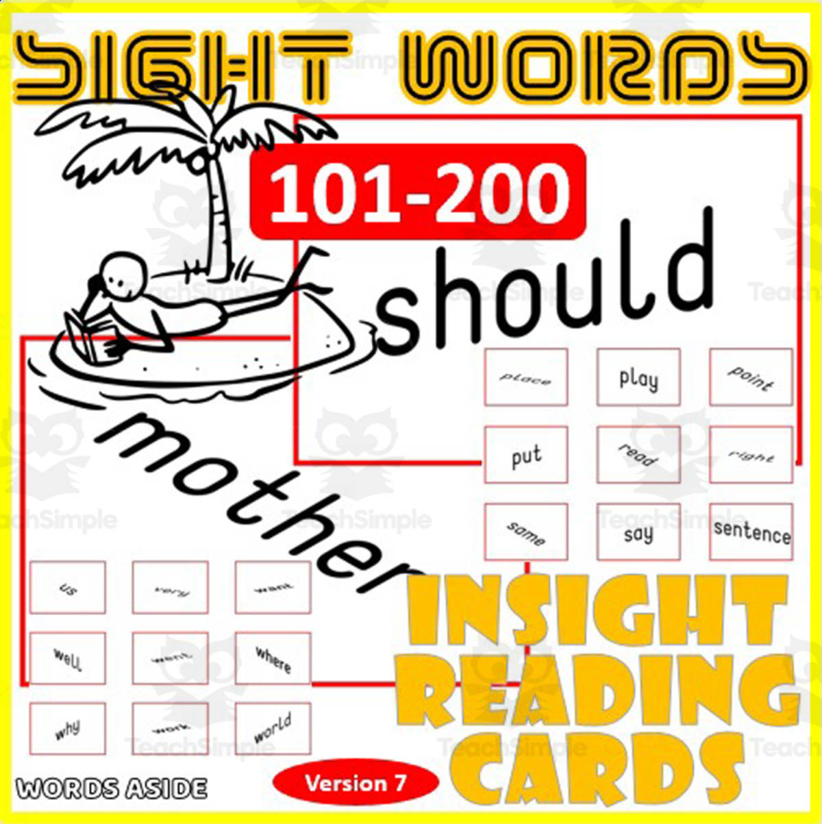 An educational teaching resource from WORDS ASIDE entitled Sight Words Flash Cards 101-200 version 7 VISUAL FORM CONSTANCY downloadable at Teach Simple.