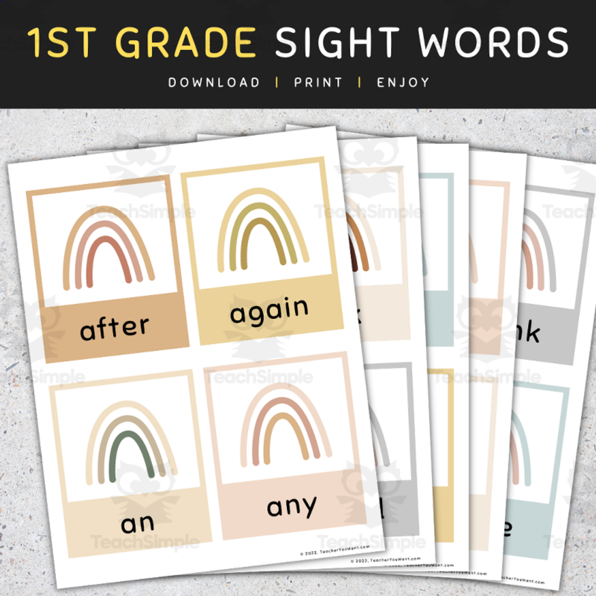 An educational teaching resource from TeacherYouWant entitled Sight Words Flashcards: 1st Grade Sight Words, Boho Rainbow Flash Cards - SET 3 downloadable at Teach Simple.