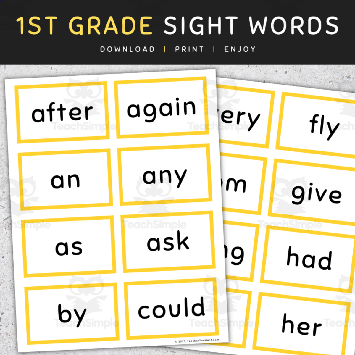An educational teaching resource from TeacherYouWant entitled Sight Words Flashcards: 1st Grade Sight Words - SET 1 downloadable at Teach Simple.