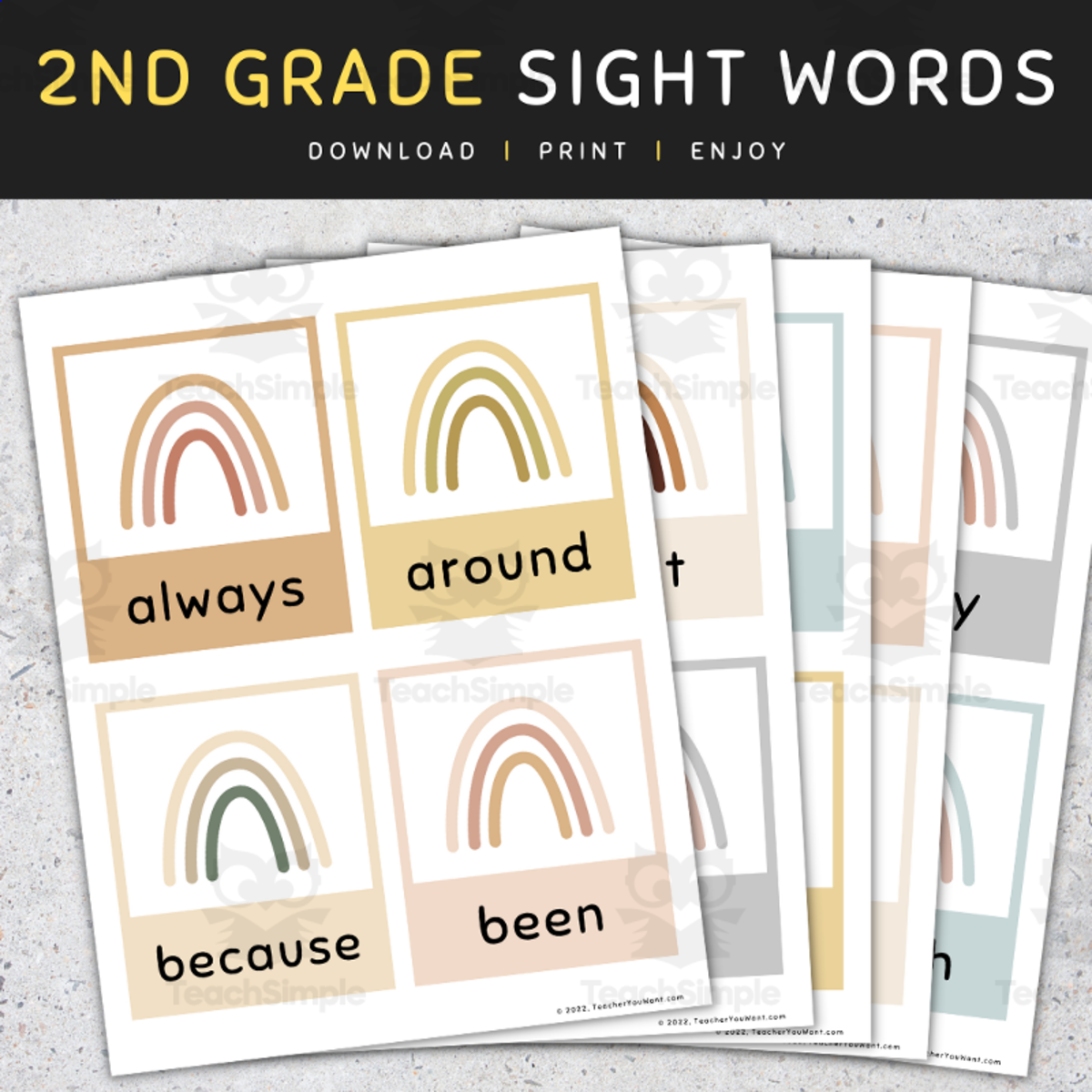An educational teaching resource from TeacherYouWant entitled Sight Words Flashcards: 2nd Grade Sight Words, Boho Rainbow Flash Cards - SET 3 downloadable at Teach Simple.