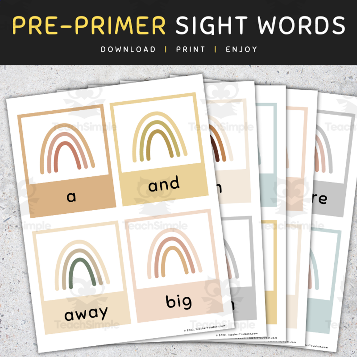 An educational teaching resource from TeacherYouWant entitled Sight Words Flashcards: Pre-Primer Sight Words, Boho Rainbow Flash Cards - SET 3 downloadable at Teach Simple.