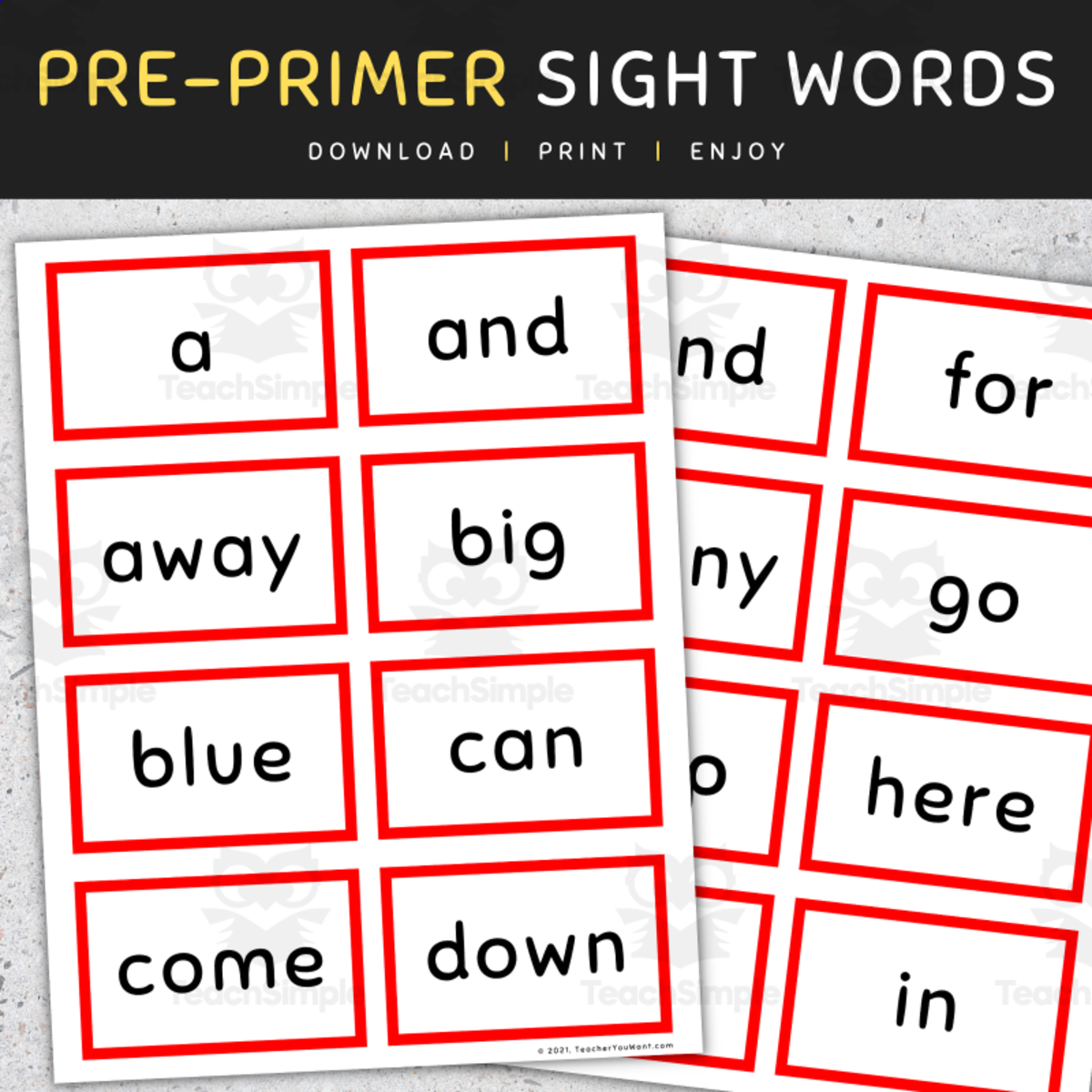 An educational teaching resource from TeacherYouWant entitled Sight Words Flashcards: Pre-Primer Sight Words - SET 1 downloadable at Teach Simple.