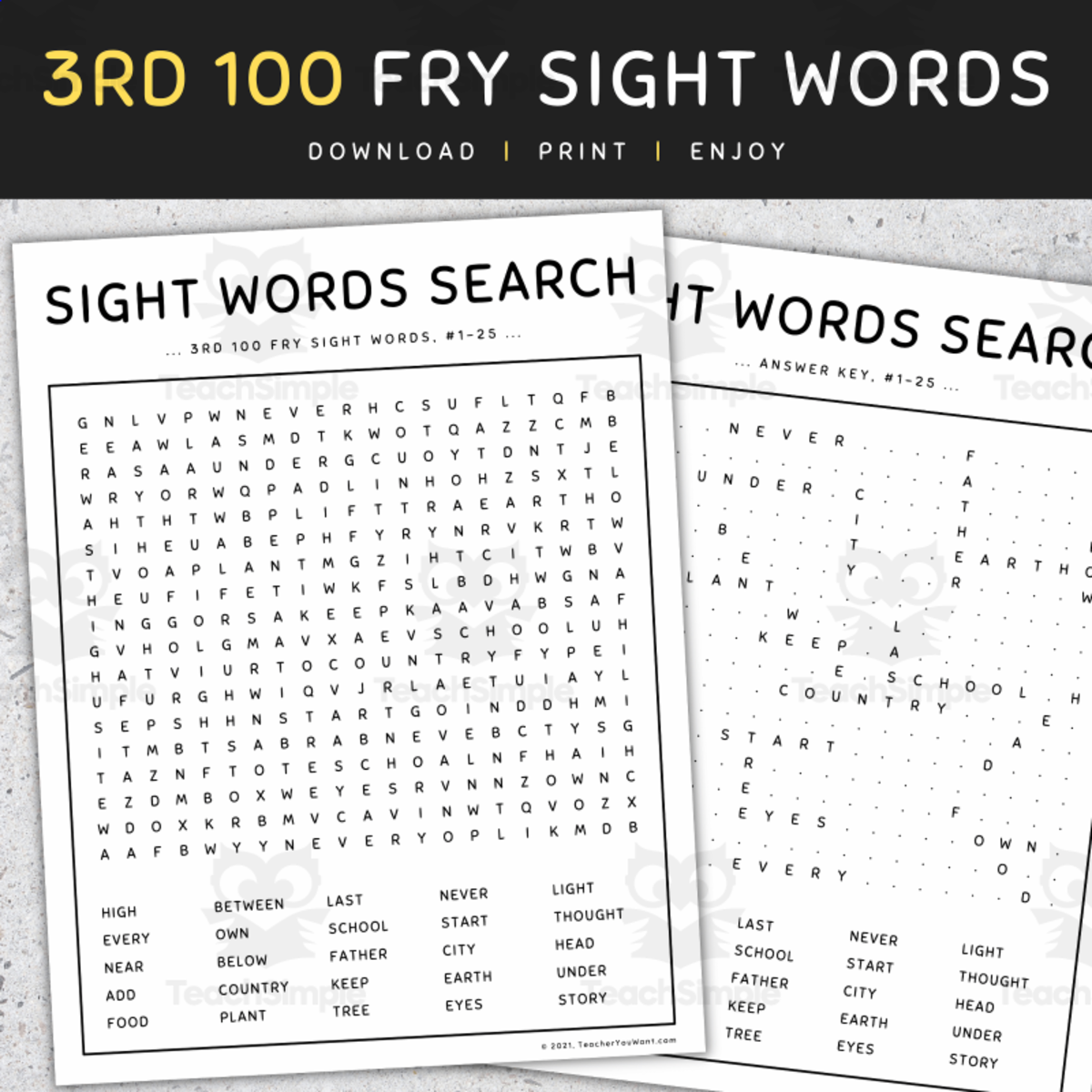 An educational teaching resource from TeacherYouWant entitled 3rd 100 Fry Sight Words – Word Search (Set 6) downloadable at Teach Simple.