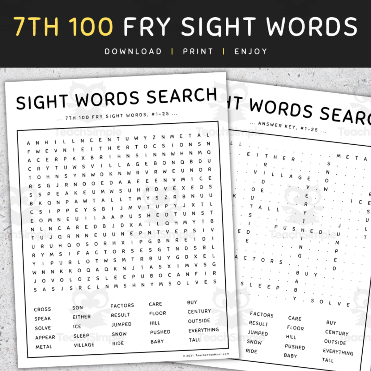 An educational teaching resource from TeacherYouWant entitled Sight Words Games: Word Search, 7th 100 Fry Words, [SET 6] downloadable at Teach Simple.