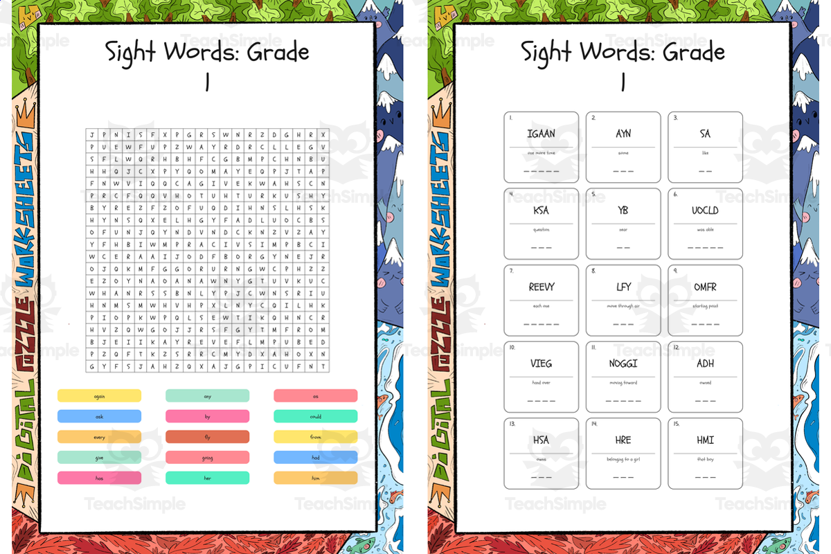 An educational teaching resource from Lapiiin Art Activities entitled Sight Words Grade 1 word search, scramble and crossword puzzle downloadable at Teach Simple.