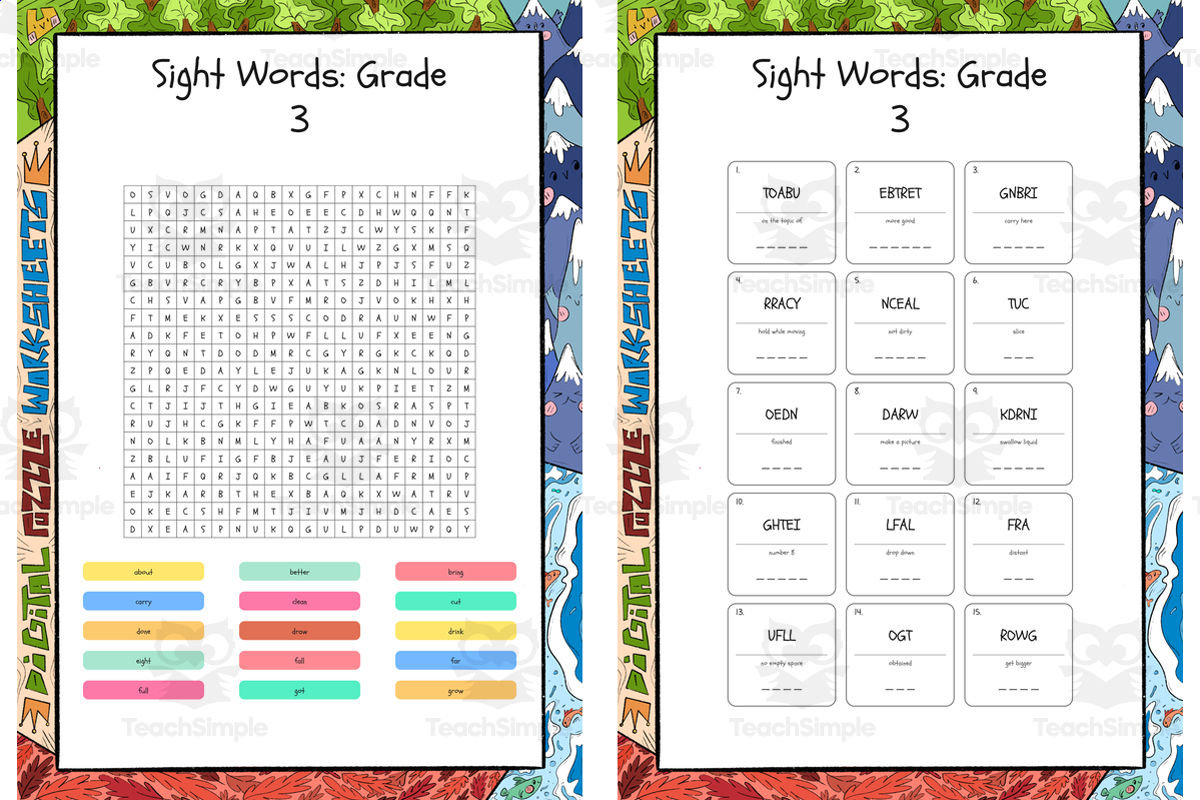 An educational teaching resource from Lapiiin Art Activities entitled Sight Words Grade 3 word search, scramble and crossword puzzle downloadable at Teach Simple.