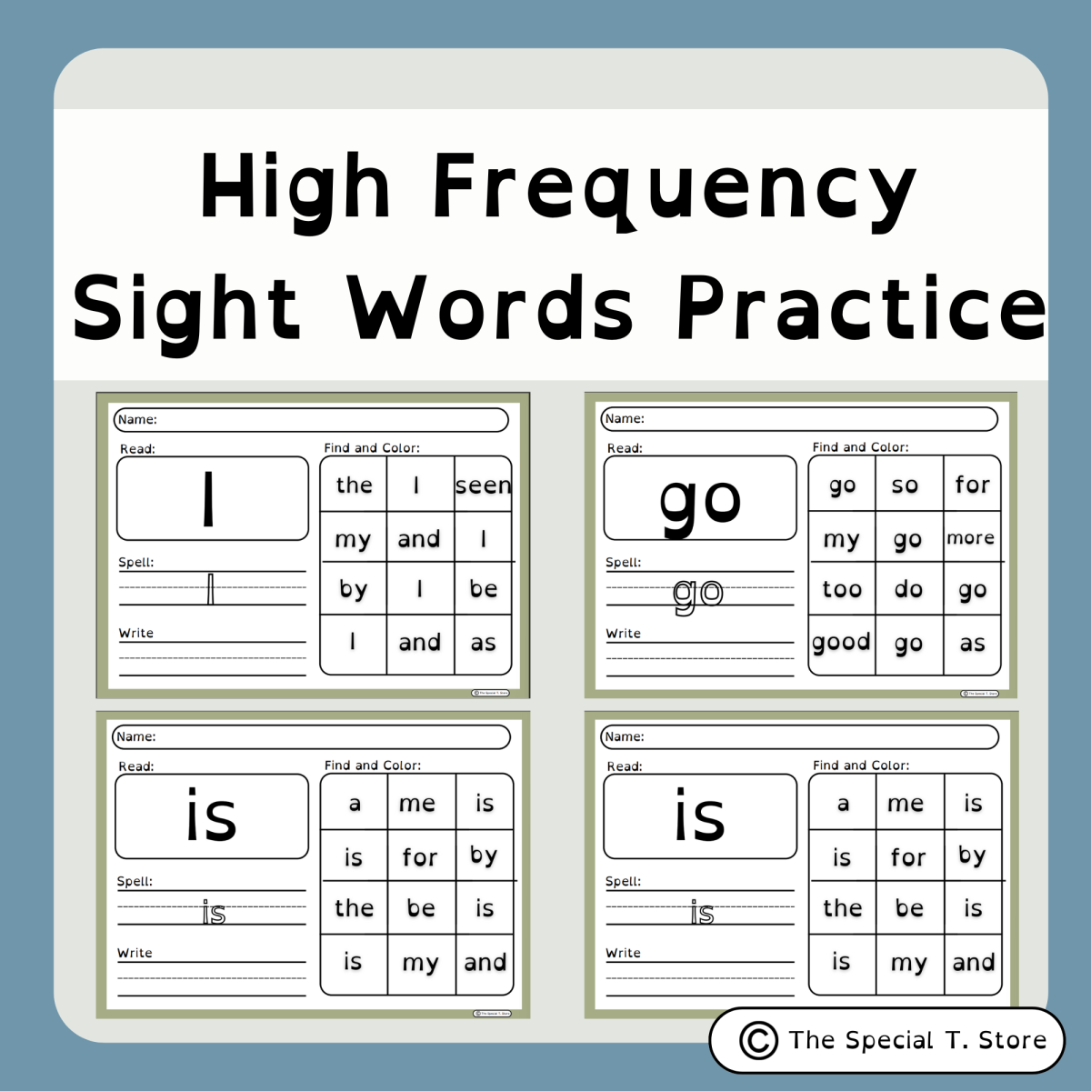 An educational teaching resource from The Special T. Store entitled Sight Words Practice Worksheets for K-2 and Special Education downloadable at Teach Simple.