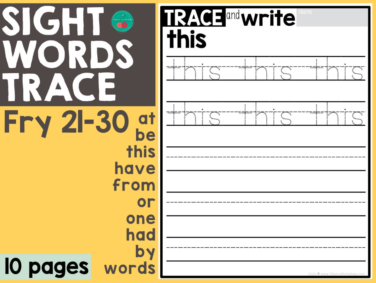 An educational teaching resource from Cherry Workshop entitled Sight Words Trace Fry 21-30 (set of 100) downloadable at Teach Simple.