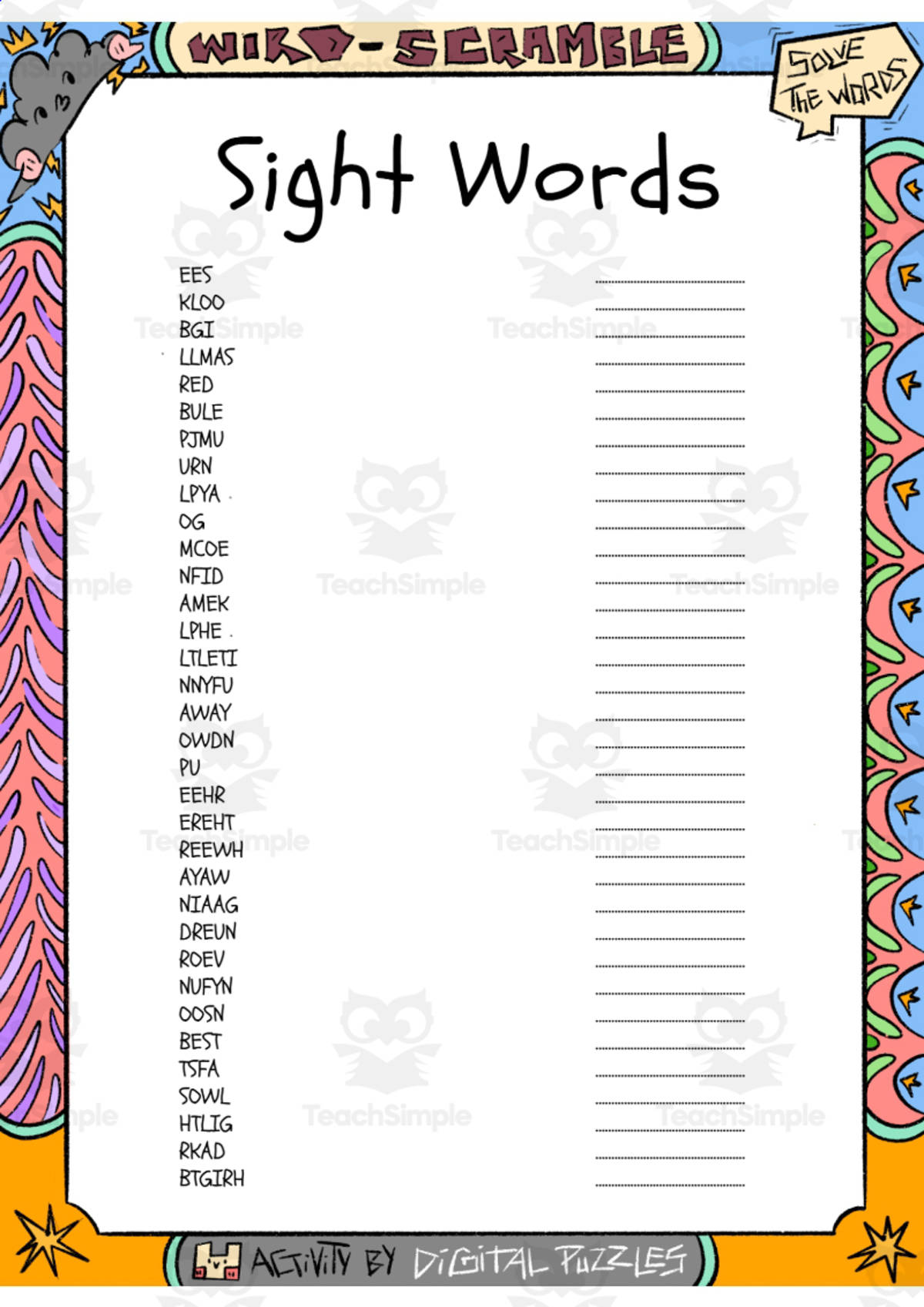 An educational teaching resource from Lapiiin Art Activities entitled Sight Words word Scramble puzzle worksheet downloadable at Teach Simple.