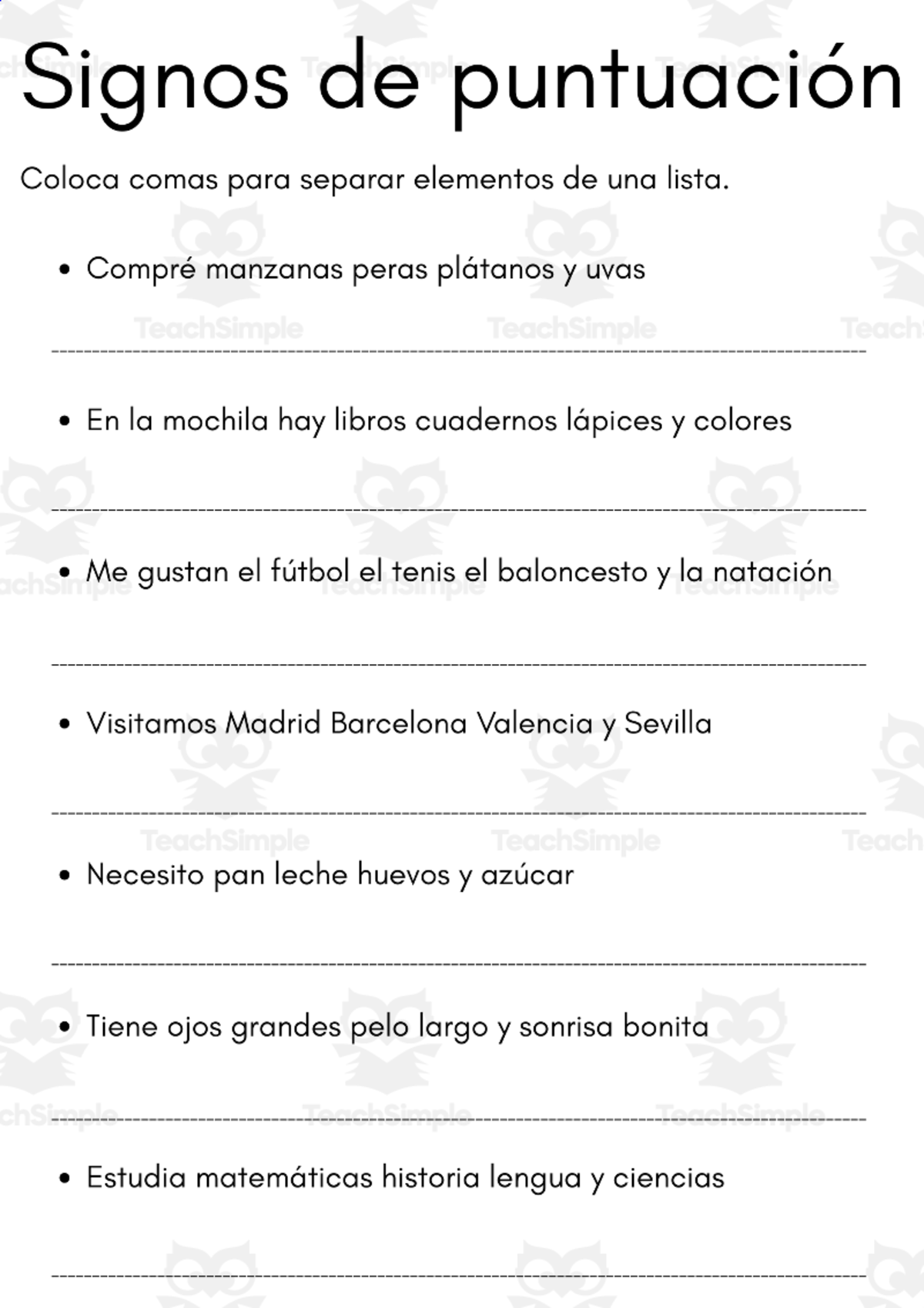 An educational teaching resource from MultiLingual Grammar Lab entitled Signos de puntuación: ejercicios con respuestas (A1–A2) downloadable at Teach Simple.