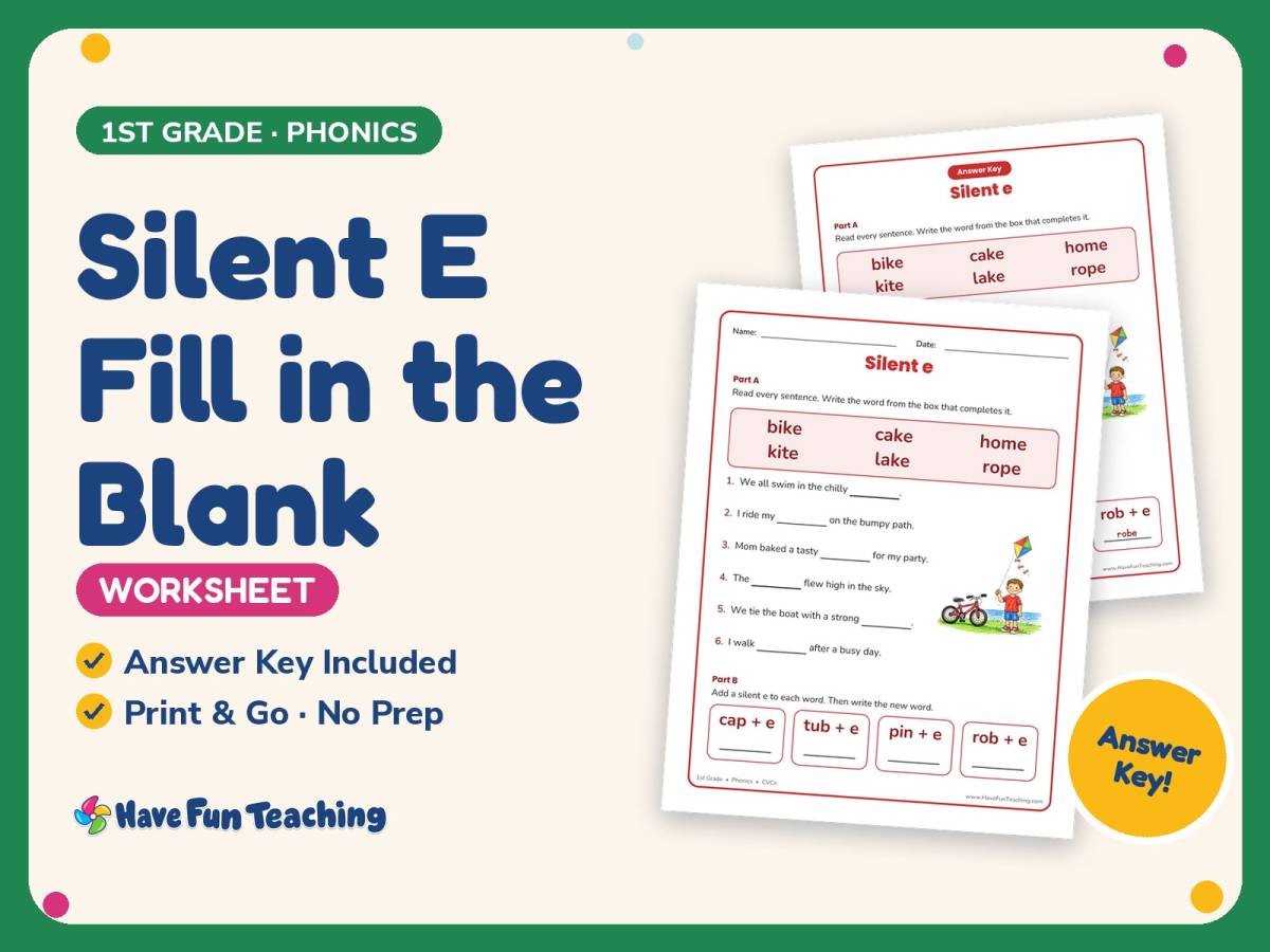 Silent E Fill in the Blank Worksheet – 1st Grade CVCe & Ending Sounds preview
