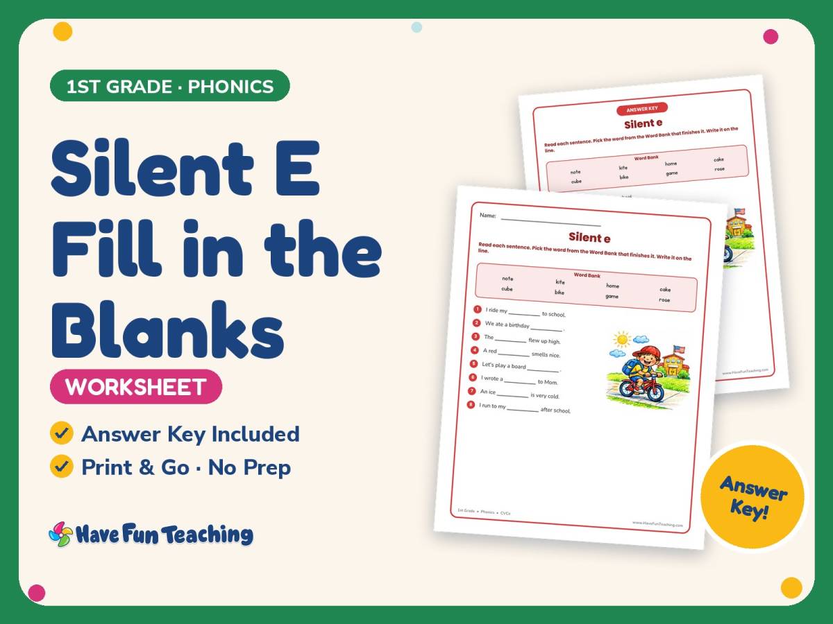 Silent E Fill in the Blanks Worksheet – 1st Grade CVCe & Ending Sounds preview