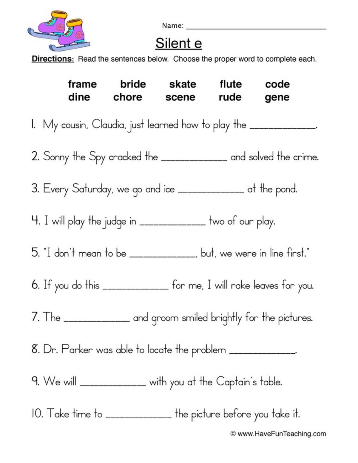 An educational teaching resource from Have Fun Teaching entitled Silent E Fill in the Blanks Worksheet downloadable at Teach Simple.