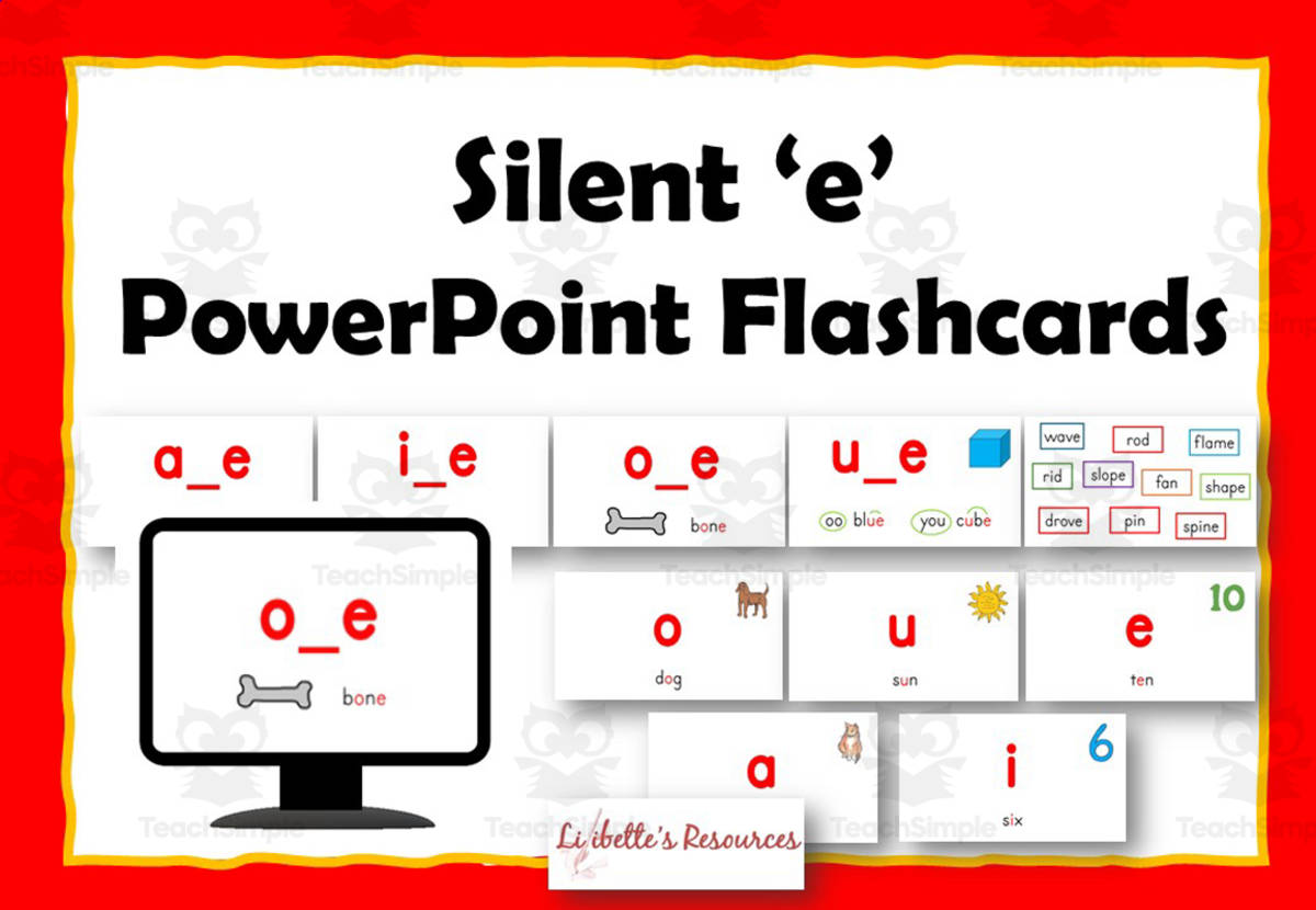 An educational teaching resource from Lilibette's Resources entitled Silent e PowerPoint Flashcards: Phonics Presentations downloadable at Teach Simple.