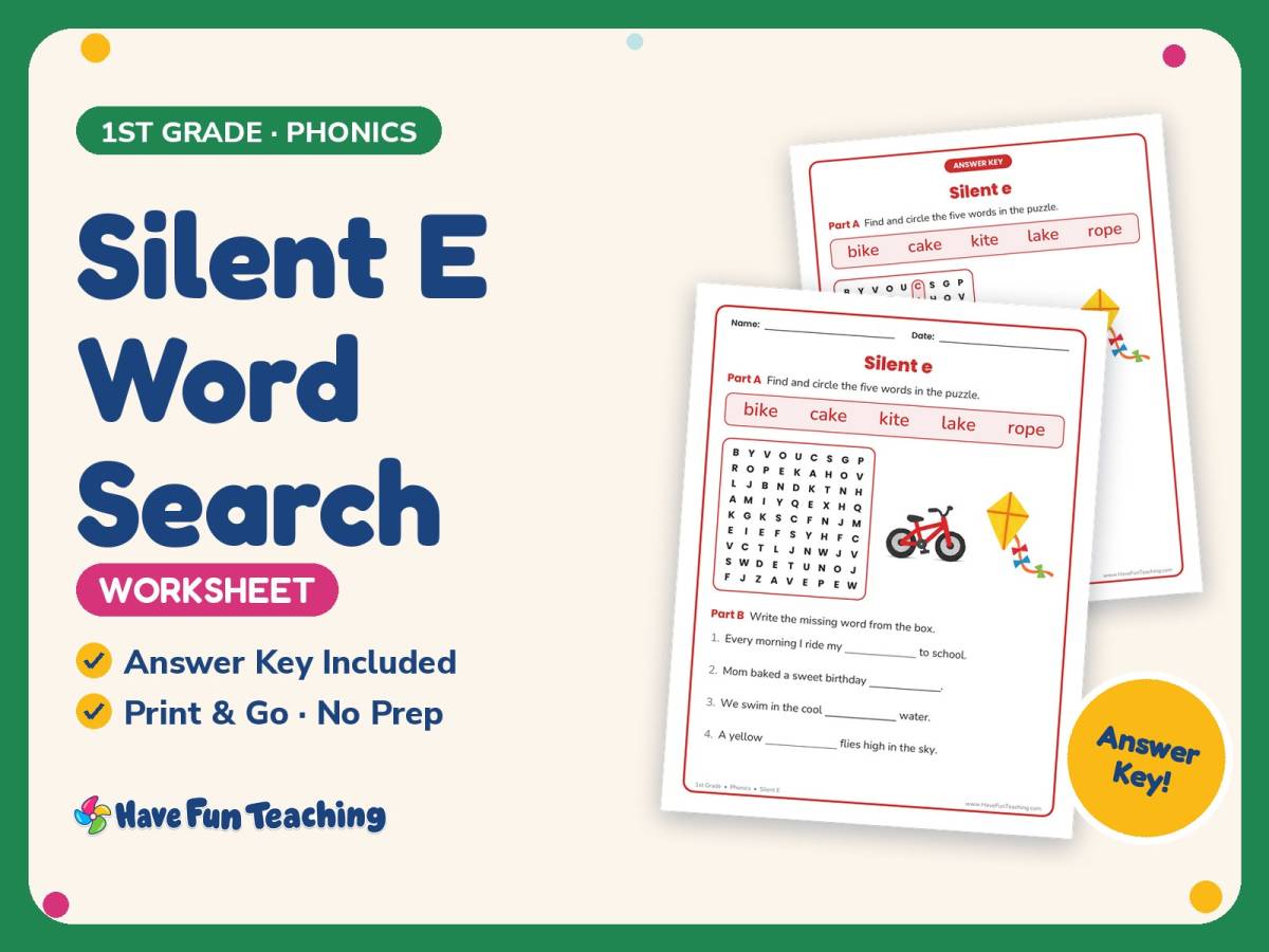 Silent E Word Search Worksheet – 1st Grade Ending Sounds & Vowels preview