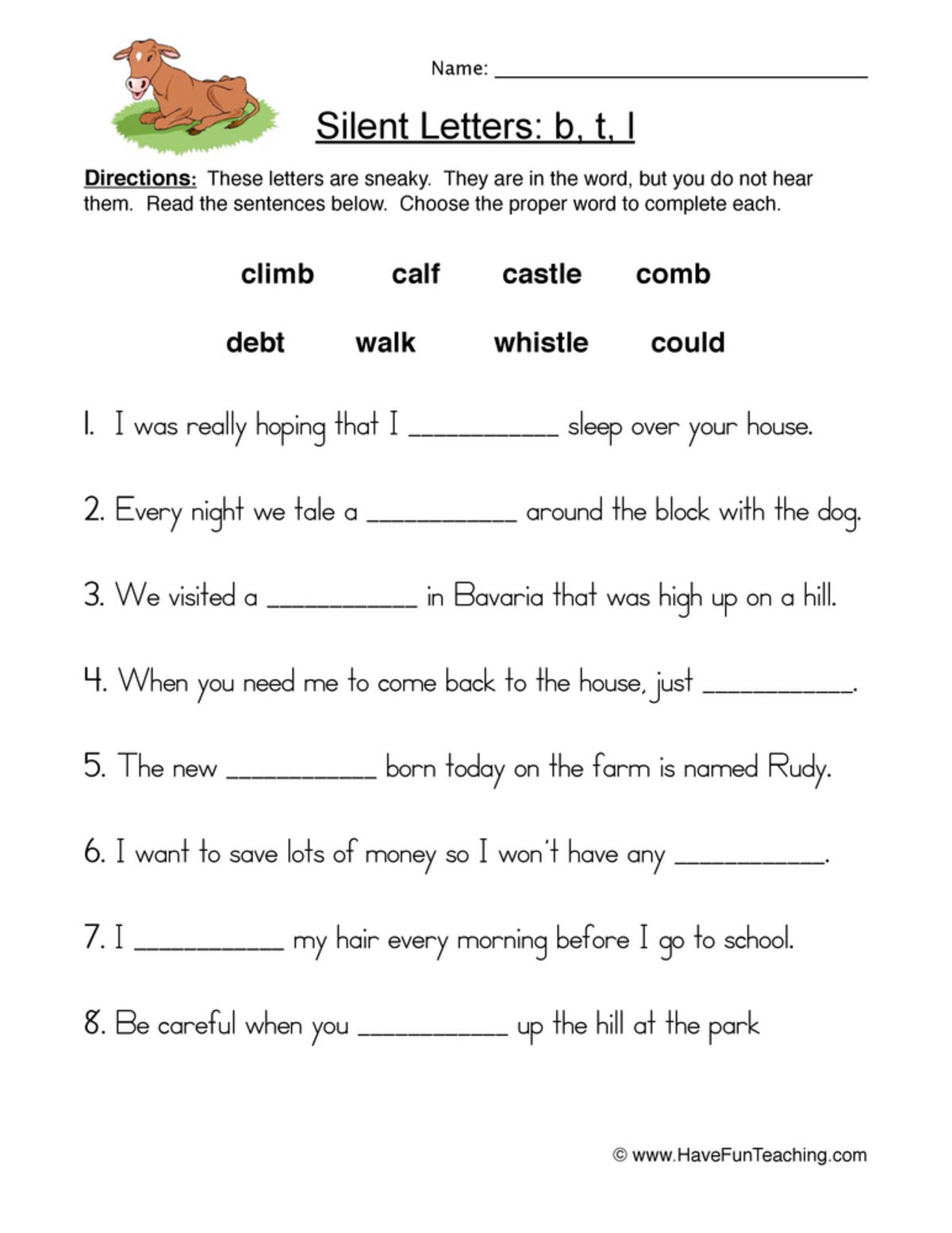 An educational teaching resource from Have Fun Teaching entitled Silent Letters B T L Worksheet downloadable at Teach Simple.