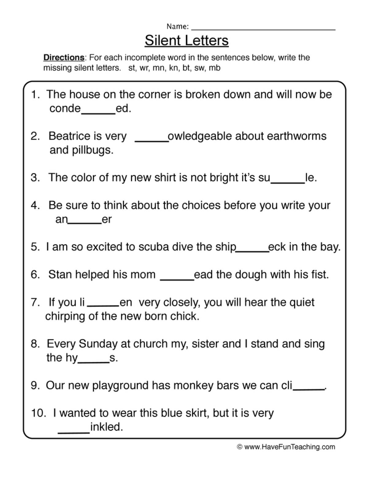An educational teaching resource from Have Fun Teaching entitled Silent Letters Worksheet downloadable at Teach Simple.