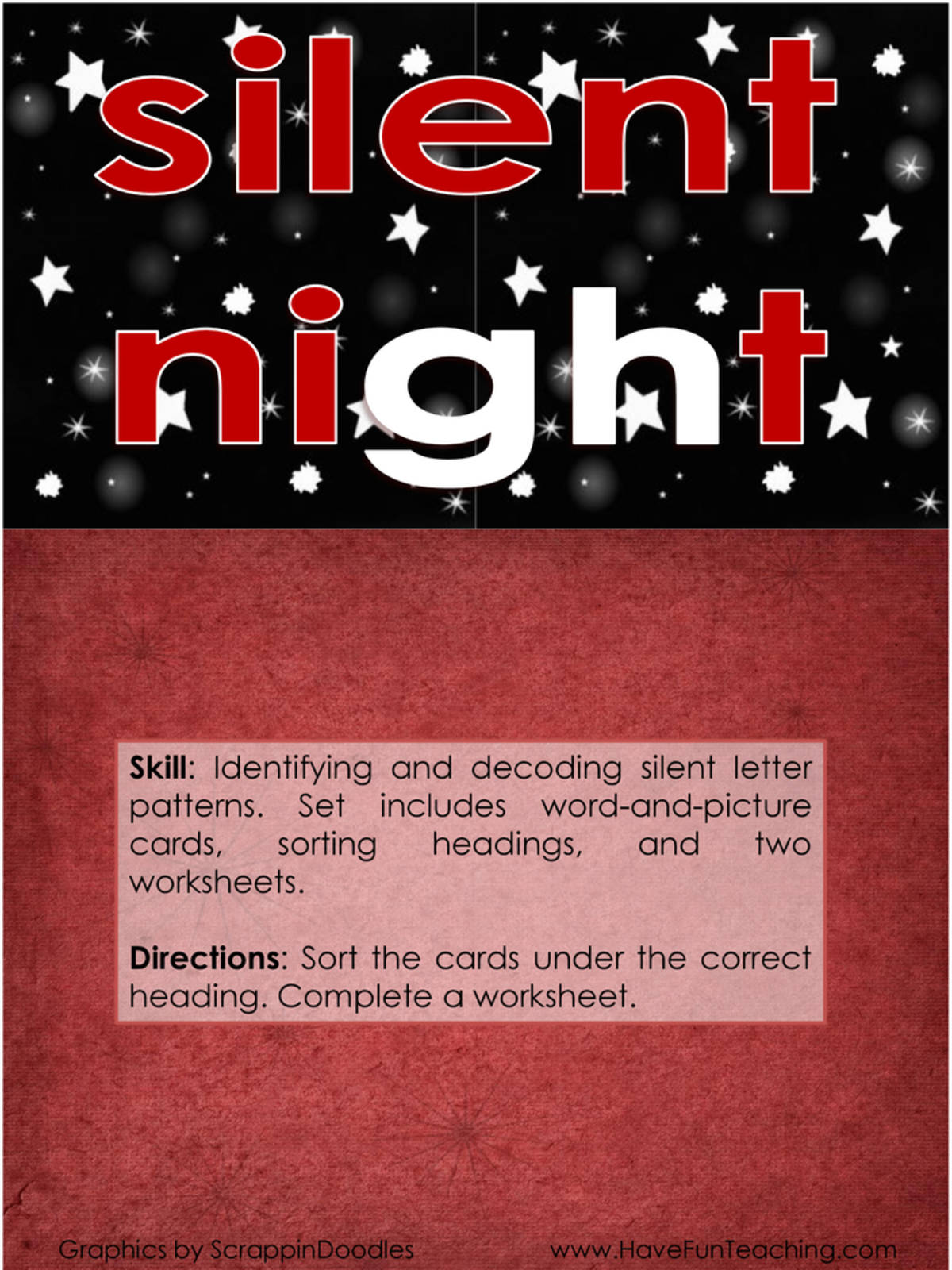 An educational teaching resource from Have Fun Teaching entitled Silent Night Silent Letters Activity downloadable at Teach Simple.