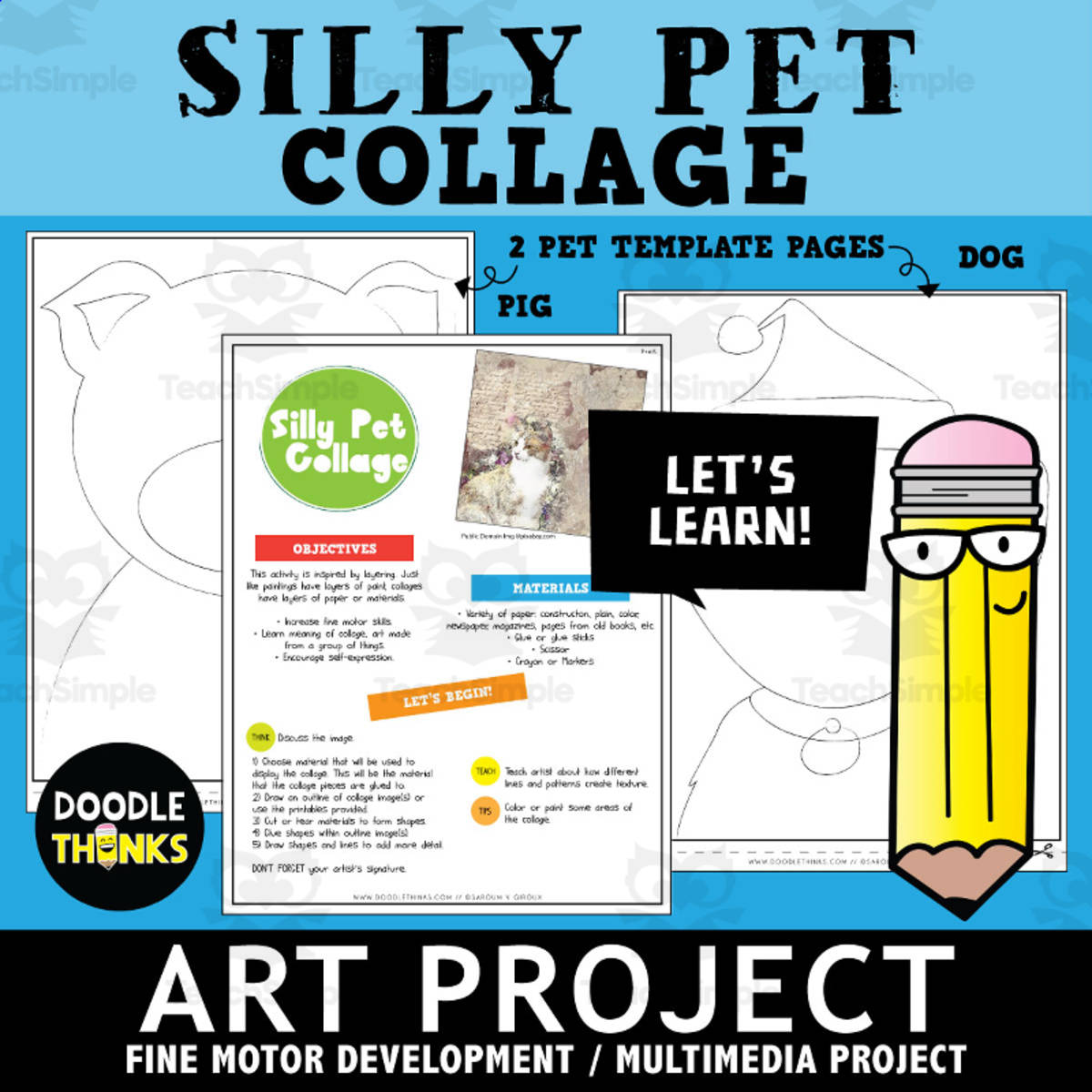 An educational teaching resource from Doodle Thinks entitled Silly Pet Collage Art Project | Fine Motor Development Fun Activity downloadable at Teach Simple.