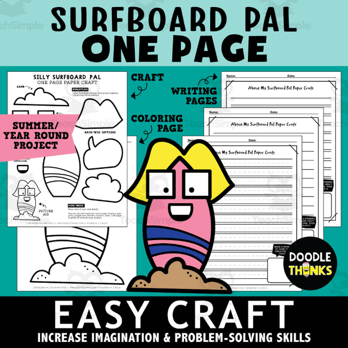An educational teaching resource from Doodle Thinks entitled Silly Surfboard Pal One Page Paper Craft Activities | Beach Theme downloadable at Teach Simple.