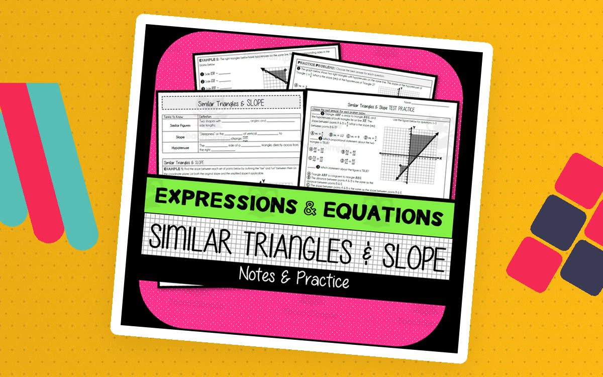 An educational teaching resource from The Math Cafe entitled Similar Triangles & Slope NOTES & PRACTICE downloadable at Teach Simple.
