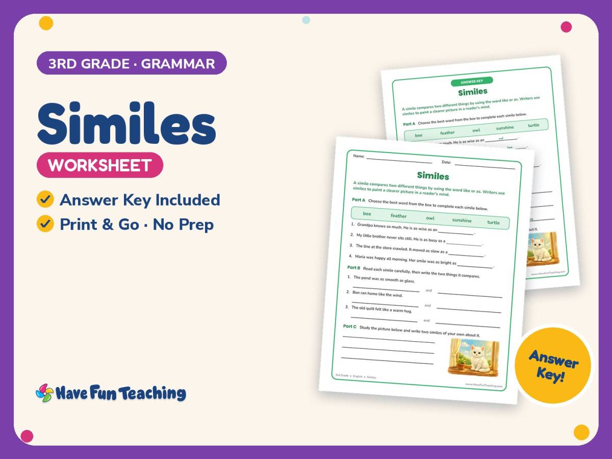 Similes Worksheet – 3rd Grade Compare and Contrast Practice preview
