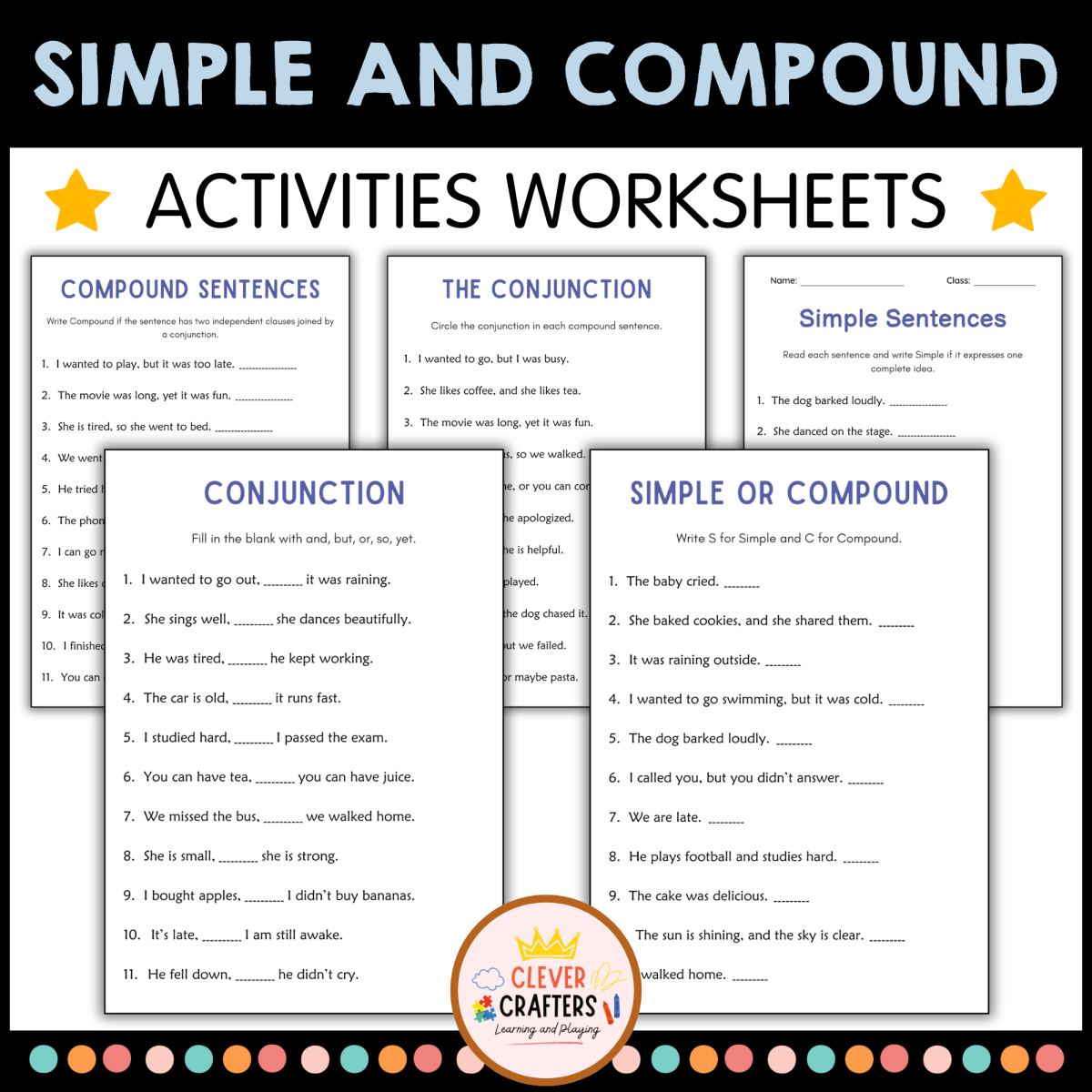 An educational teaching resource from Clever Crafters entitled Simple and Compound Sentences Worksheets - Coordinating Conjunctions downloadable at Teach Simple.