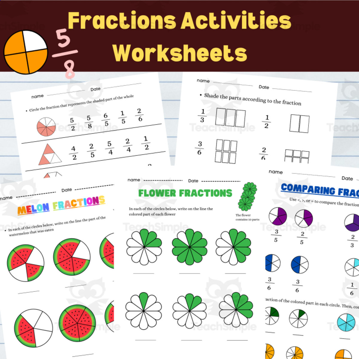 An educational teaching resource from Your Teaching Companion entitled Simple Fractions:Activity page,Fractions Activities Worksheets downloadable at Teach Simple.