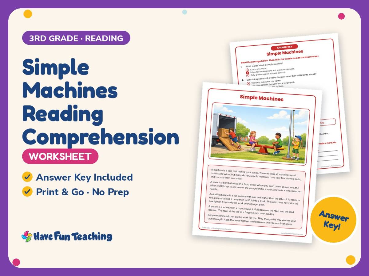Simple Machines Reading Comprehension Worksheet – 3rd Grade Practice preview