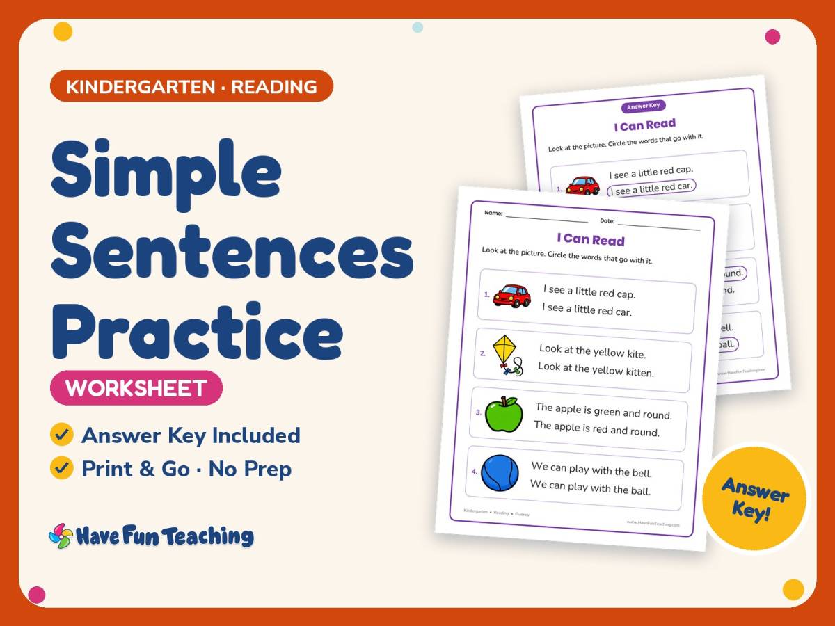 Simple Sentences Practice Worksheet – Kindergarten Fluency preview