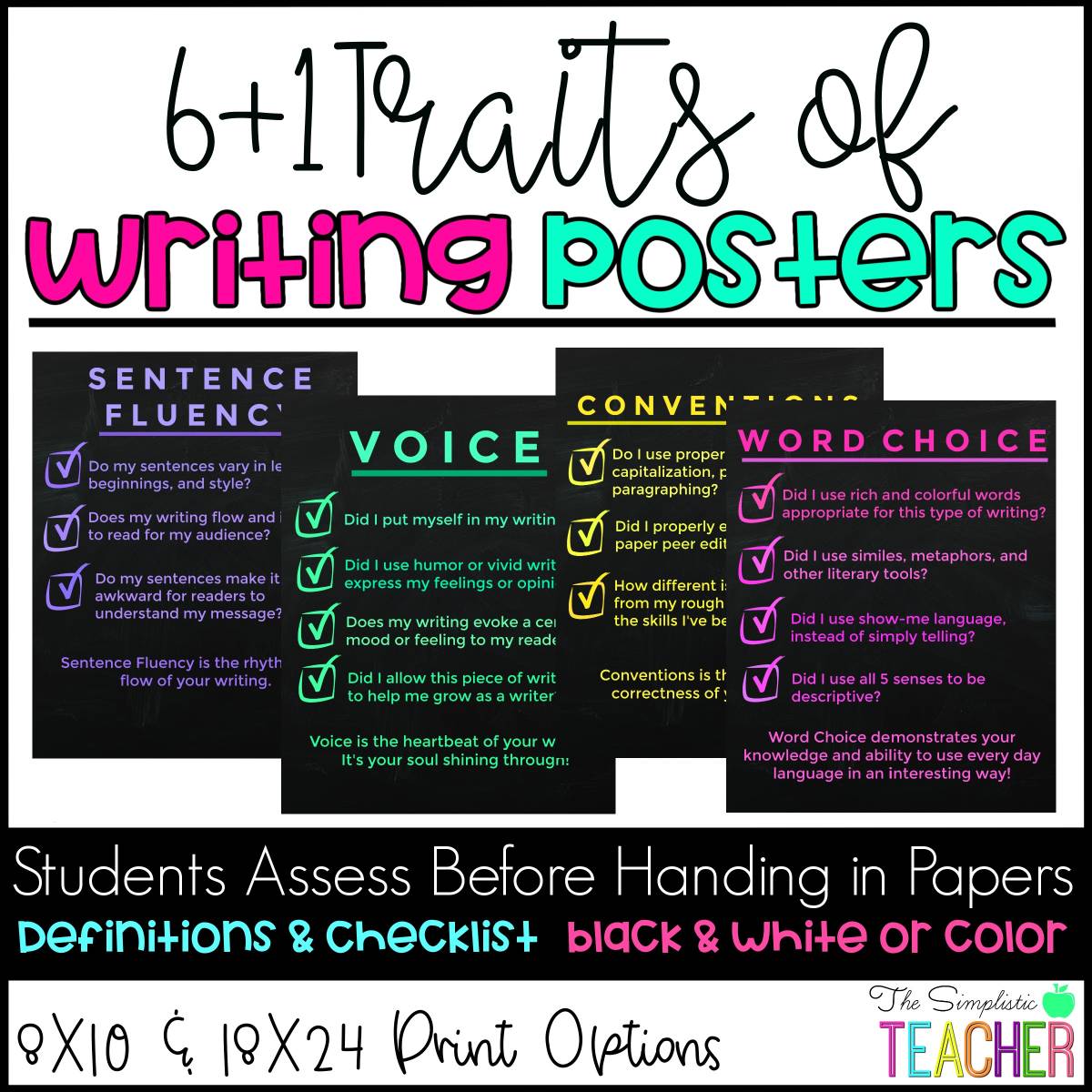 An educational teaching resource from The Simplistic Teacher entitled Simple/Modern Secondary 6 + 1 Traits of Writing Posters-Grades 6-12 downloadable at Teach Simple.