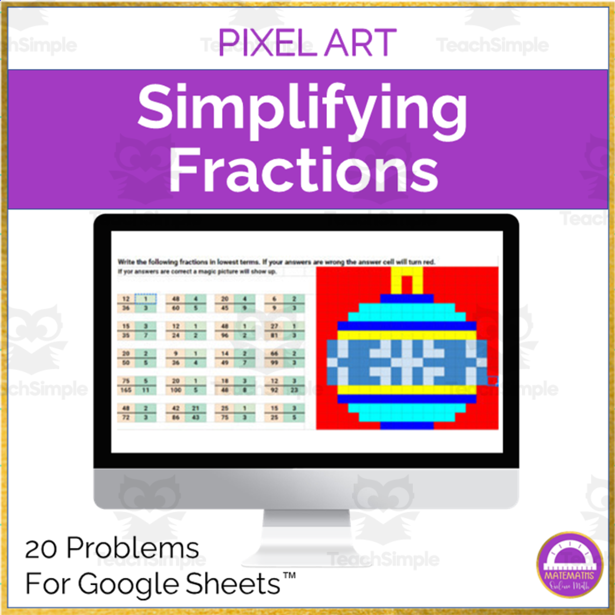 An educational teaching resource from Matemaths entitled Simplifying Fractions Pixel Art | Christmas Digital Activity downloadable at Teach Simple.