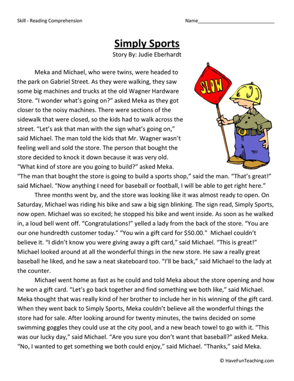 An educational teaching resource from Have Fun Teaching entitled Simply Sports Reading Comprehension Worksheet downloadable at Teach Simple.