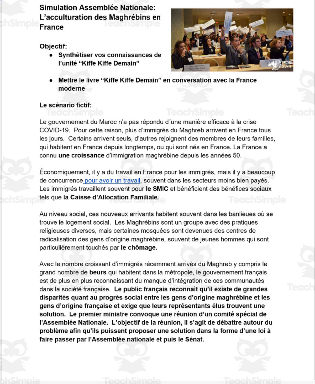 An educational teaching resource from Madame Murphy Comprehensible Culture entitled Simulation Assemblée Nationale: L’acculturation des Maghrébins en France downloadable at Teach Simple.