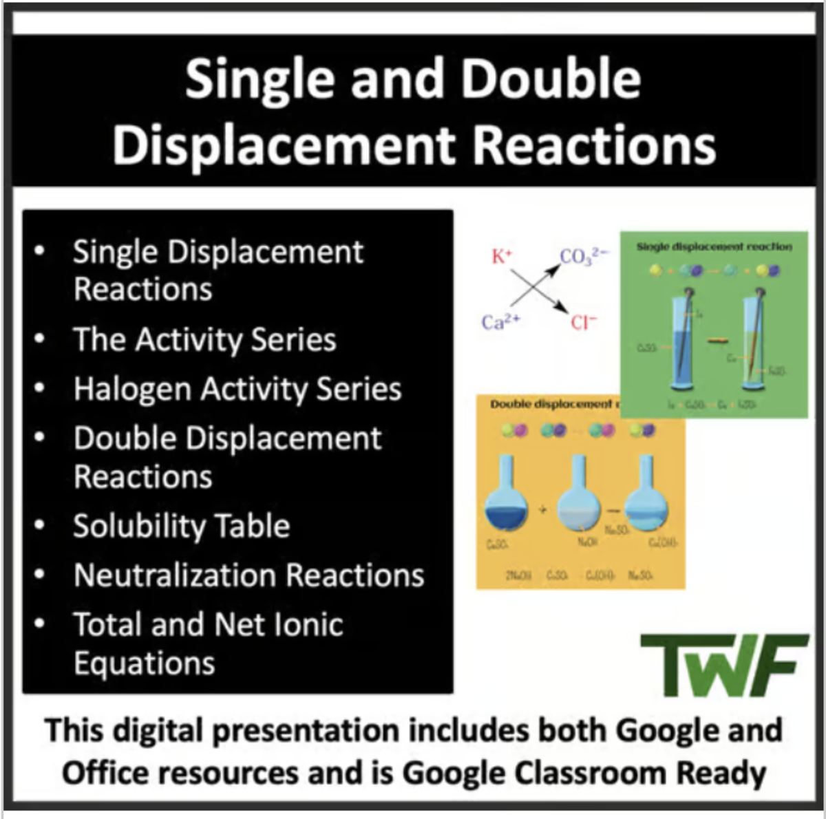 An educational teaching resource from Teach With Fergy entitled Single & Double Displacement Reactions – Chem Lesson downloadable at Teach Simple.