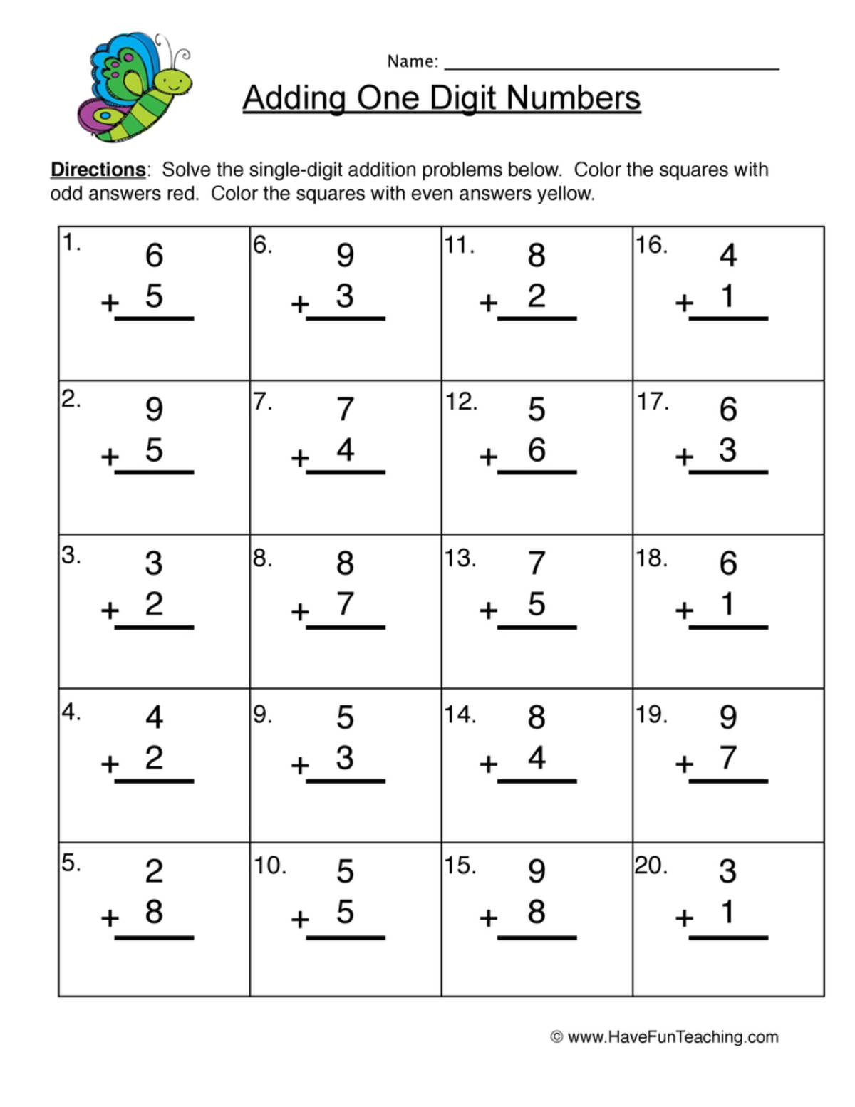 An educational teaching resource from Have Fun Teaching entitled Single Digit Addition Worksheet downloadable at Teach Simple.
