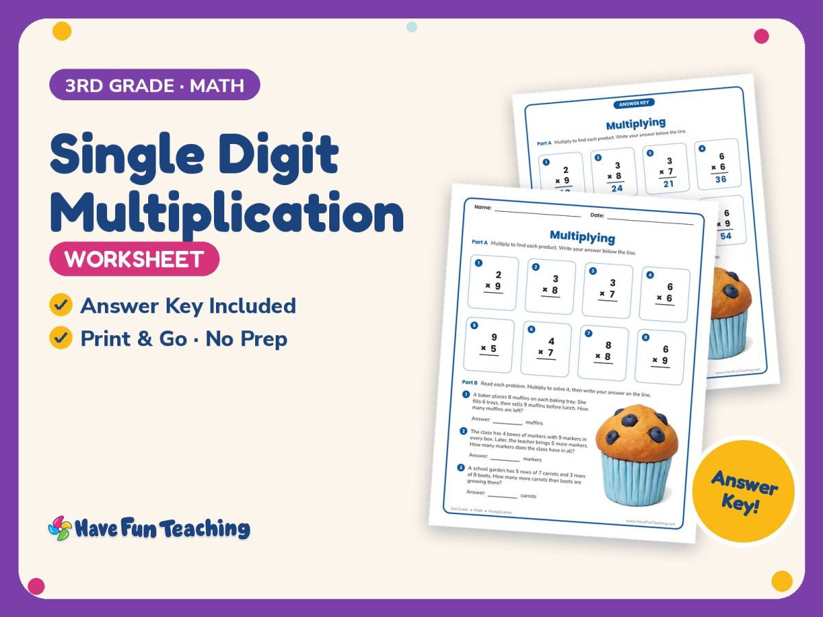 Single Digit Multiplication Worksheet – 3rd Grade Word Problems preview
