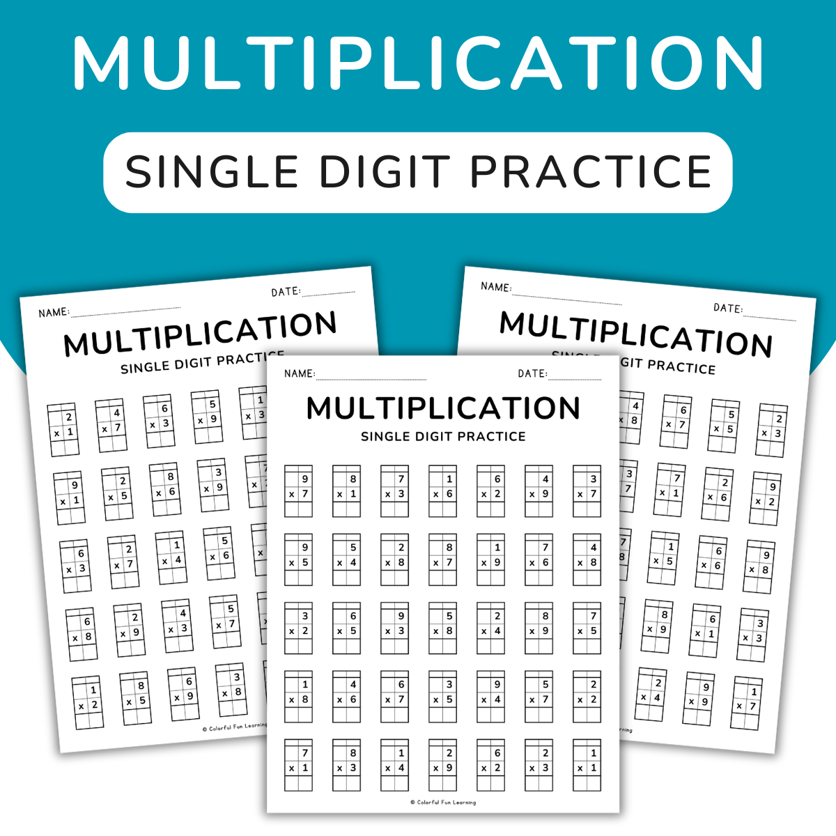 An educational teaching resource from Colorful Fun Learning entitled Single Digit Multiplication Worksheets, 1 Digit by 1 Digit with Grids downloadable at Teach Simple.