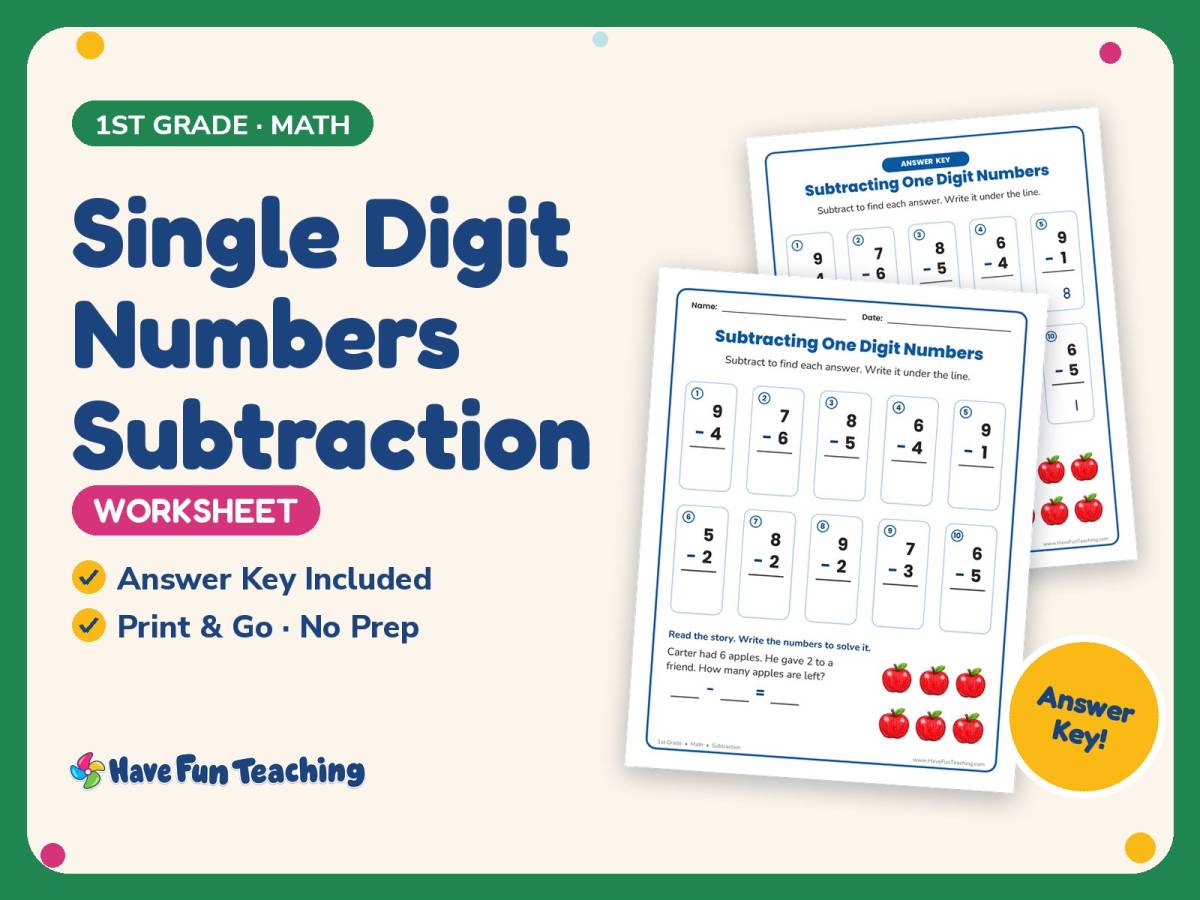 Single Digit Numbers Subtraction Worksheet – 1st Grade Math Practice preview