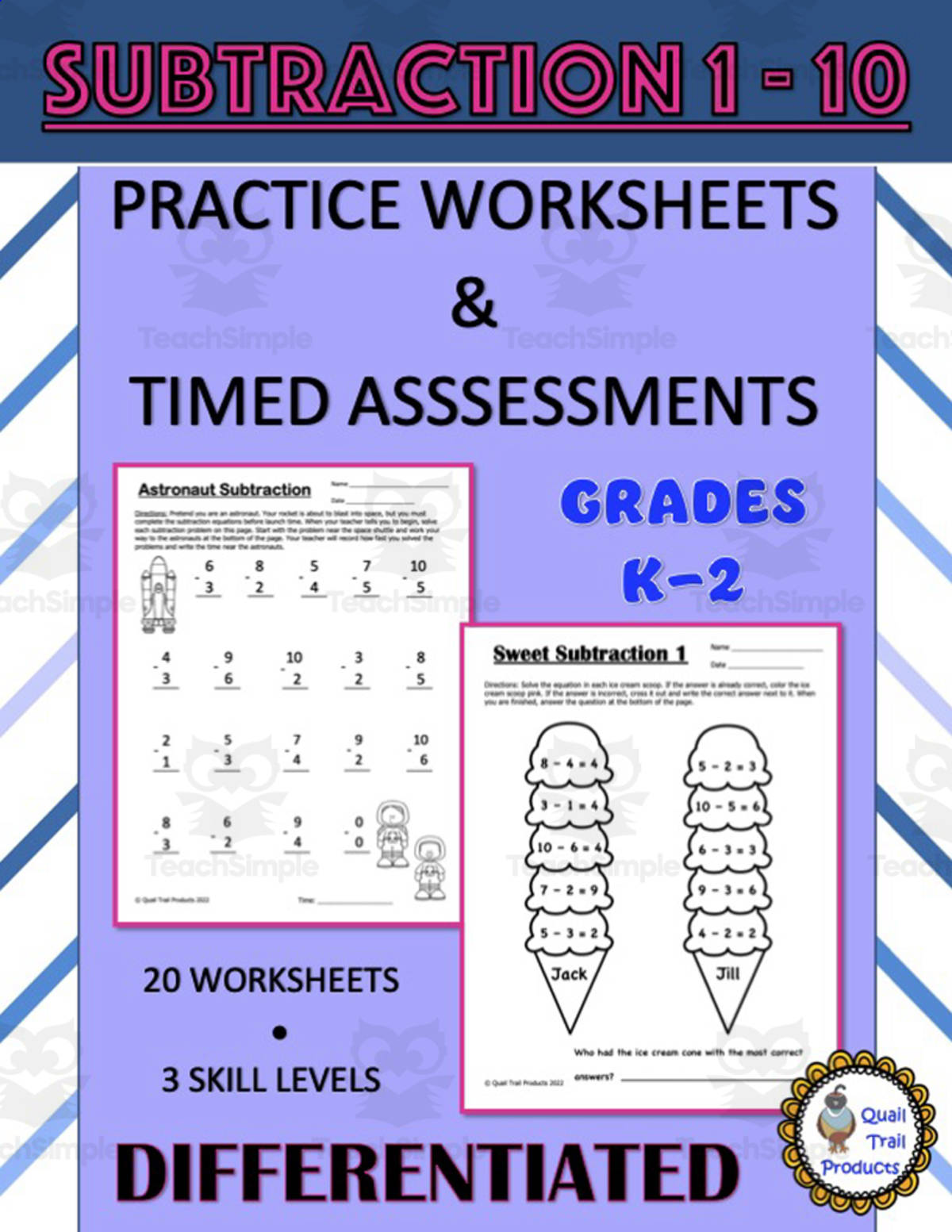An educational teaching resource from Quail Trail Products entitled Single Digit Subtraction Worksheets and Timed Assessments downloadable at Teach Simple.