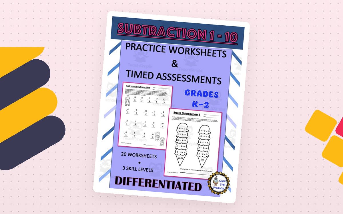 An educational teaching resource from Quail Trail Products entitled Single Digit Subtraction Worksheets and Timed Assessments downloadable at Teach Simple.