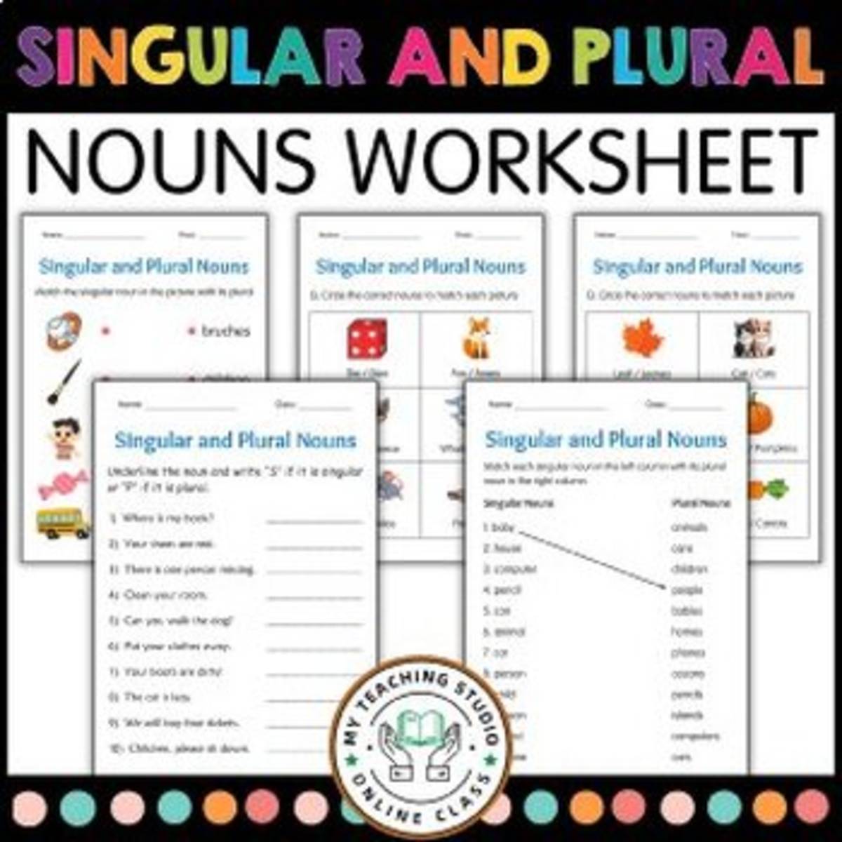An educational teaching resource from Clever Crafters entitled Singular and Plural Nouns Activity Worksheets for Grade 1, 2, 3 downloadable at Teach Simple.