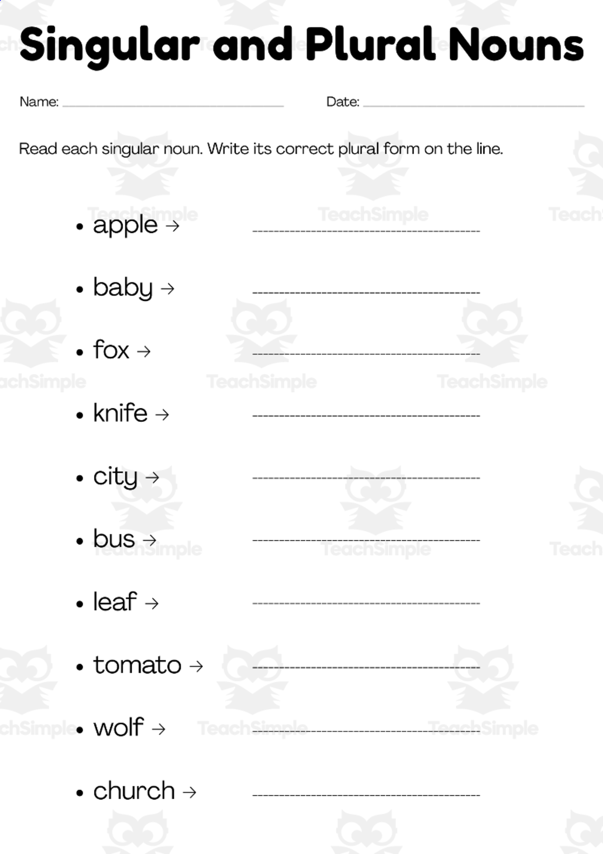 An educational teaching resource from Smart Learning Press entitled singular and plural nouns worksheet grade 5 with answers downloadable at Teach Simple.