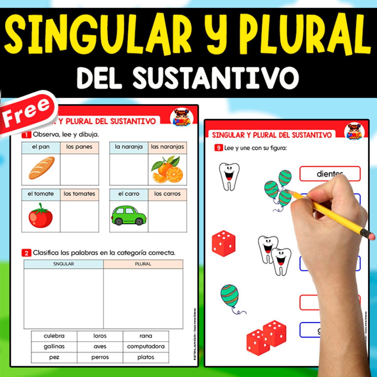 An educational teaching resource from EDITORIAL LAURA EDUCA entitled SINGULAR Y PLURAL DEL SUSTANTIVO | 10 WORKSHEETS downloadable at Teach Simple.