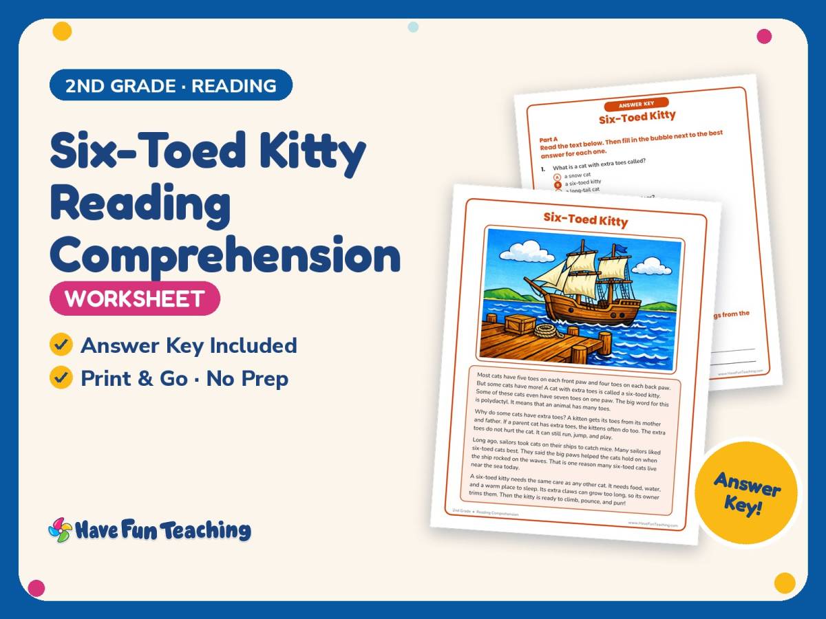 Six-Toed Kitty Reading Comprehension Worksheet – 2nd Grade Animals preview