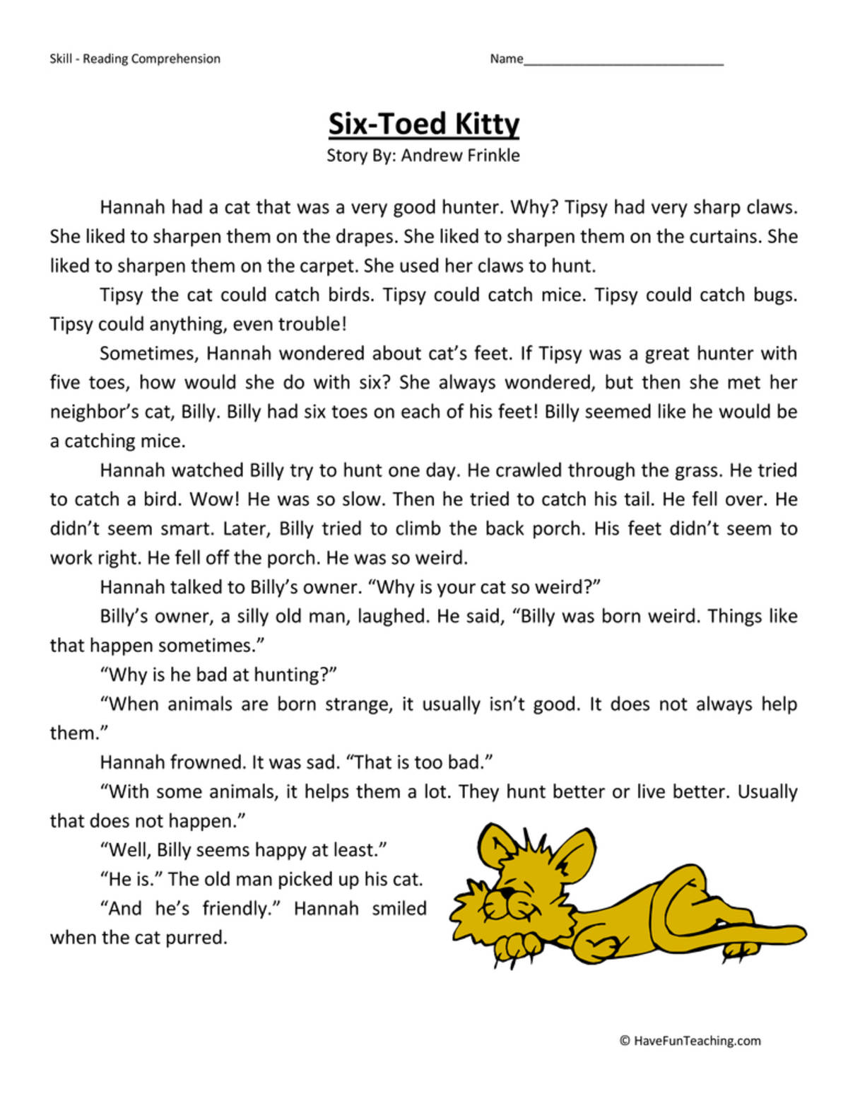 An educational teaching resource from Have Fun Teaching entitled Six-Toed Kitty Reading Comprehension Worksheet downloadable at Teach Simple.